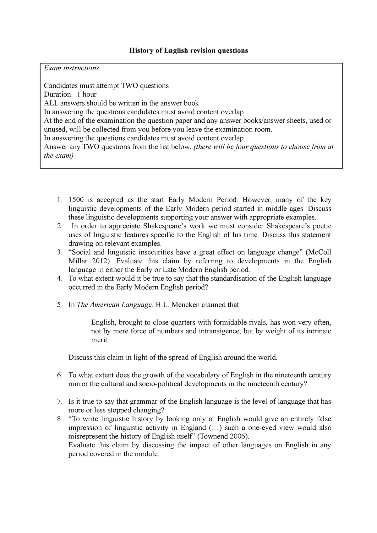 2017 Revision Questions 2017 Copy History Of English Revision 