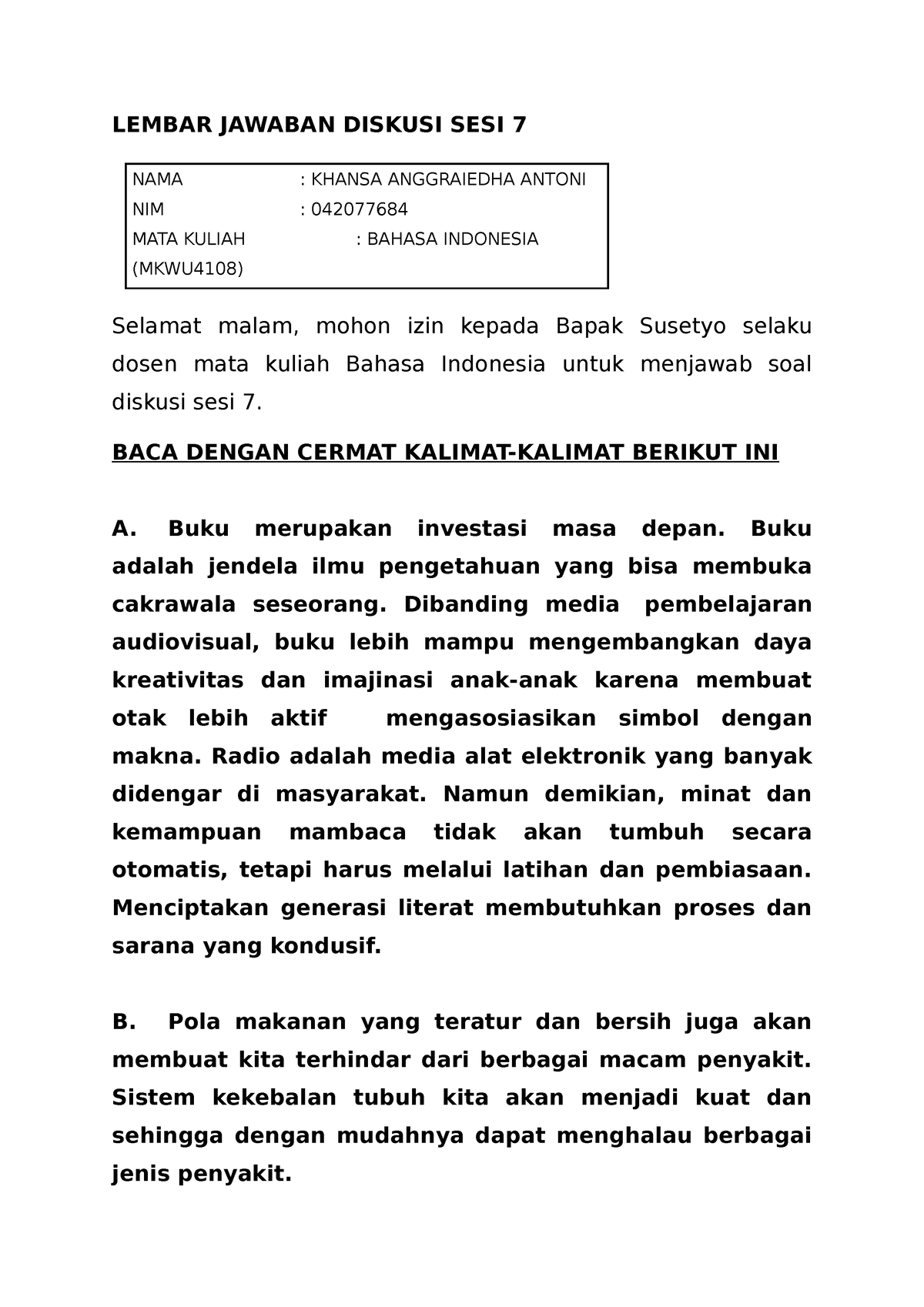 Bahasa Indonesia Diskusi SESI 7 - LEMBAR JAWABAN DISKUSI SESI 7 Selamat ...