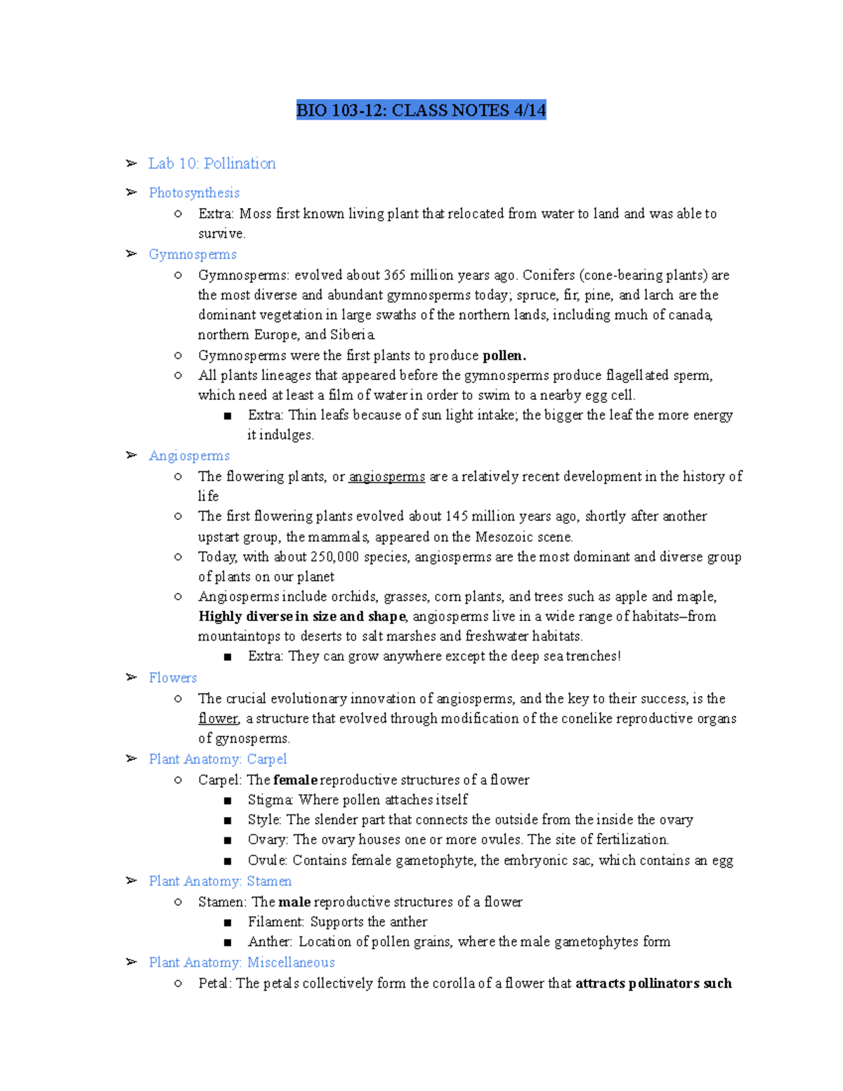 BIO 103 - Pollination - BIO 103-12: CLASS NOTES 4/ Lab 10: Pollination ...