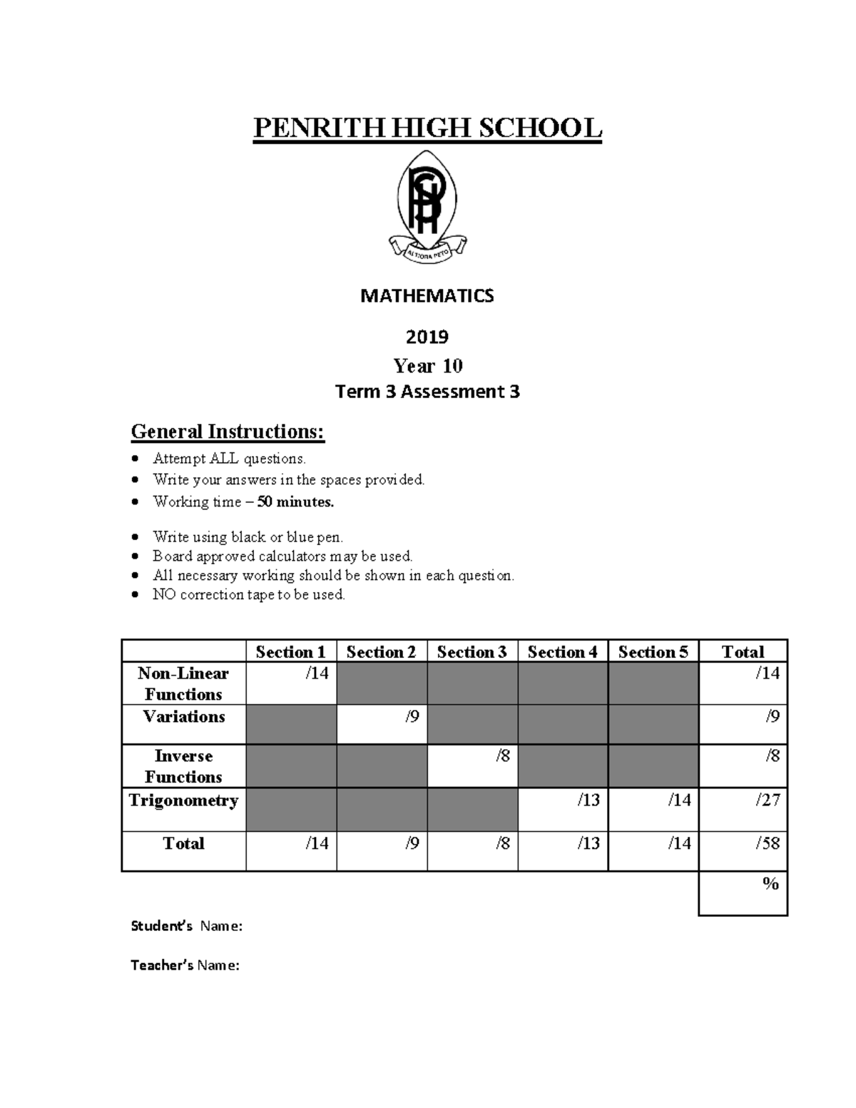 2019 Year 10 Assessment Task 3 - PENRITH HIGH SCHOOL MATHEMATICS 2019 ...