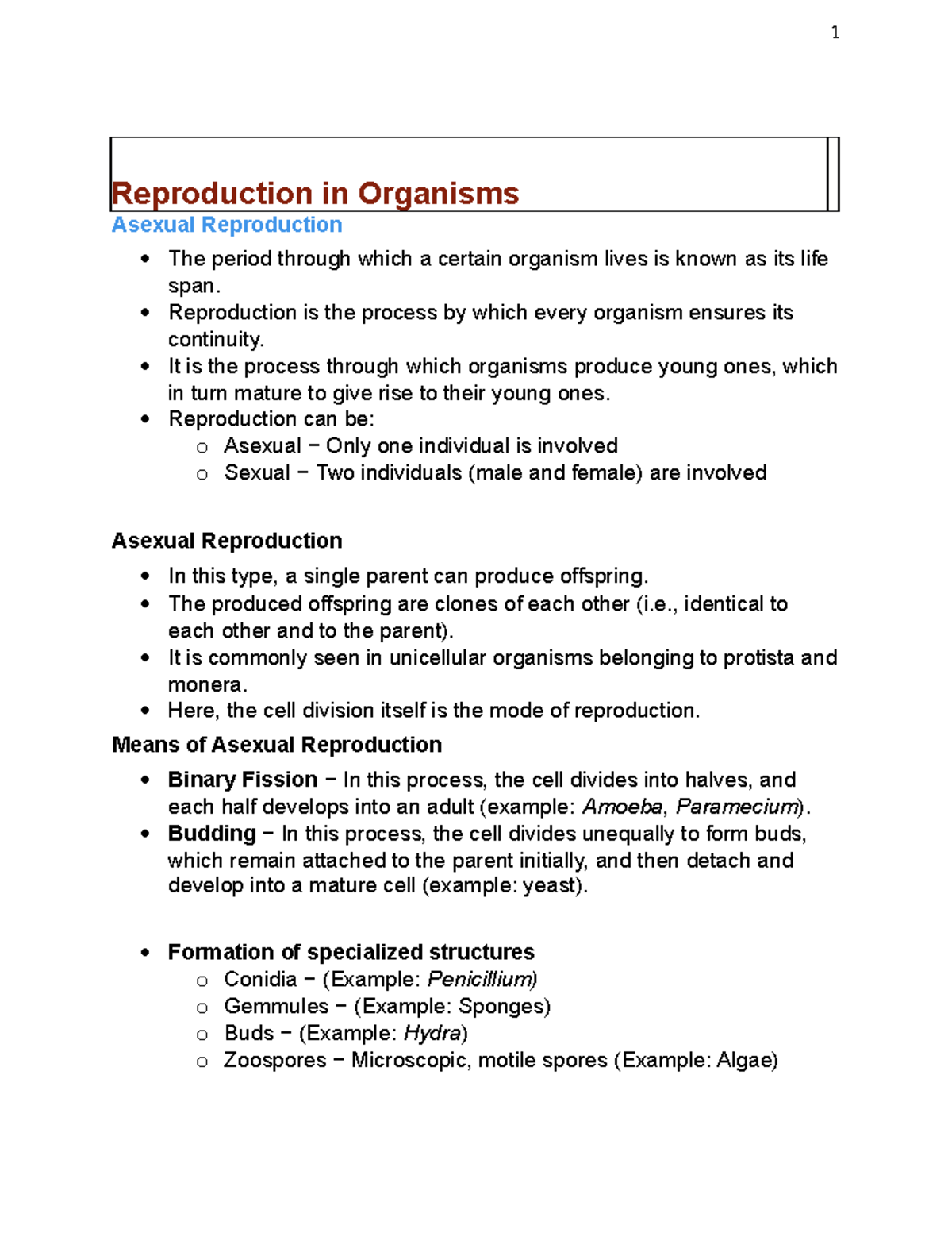 Bio Notes 12 1 Reproduction In Organisms Asexual Reproduction The