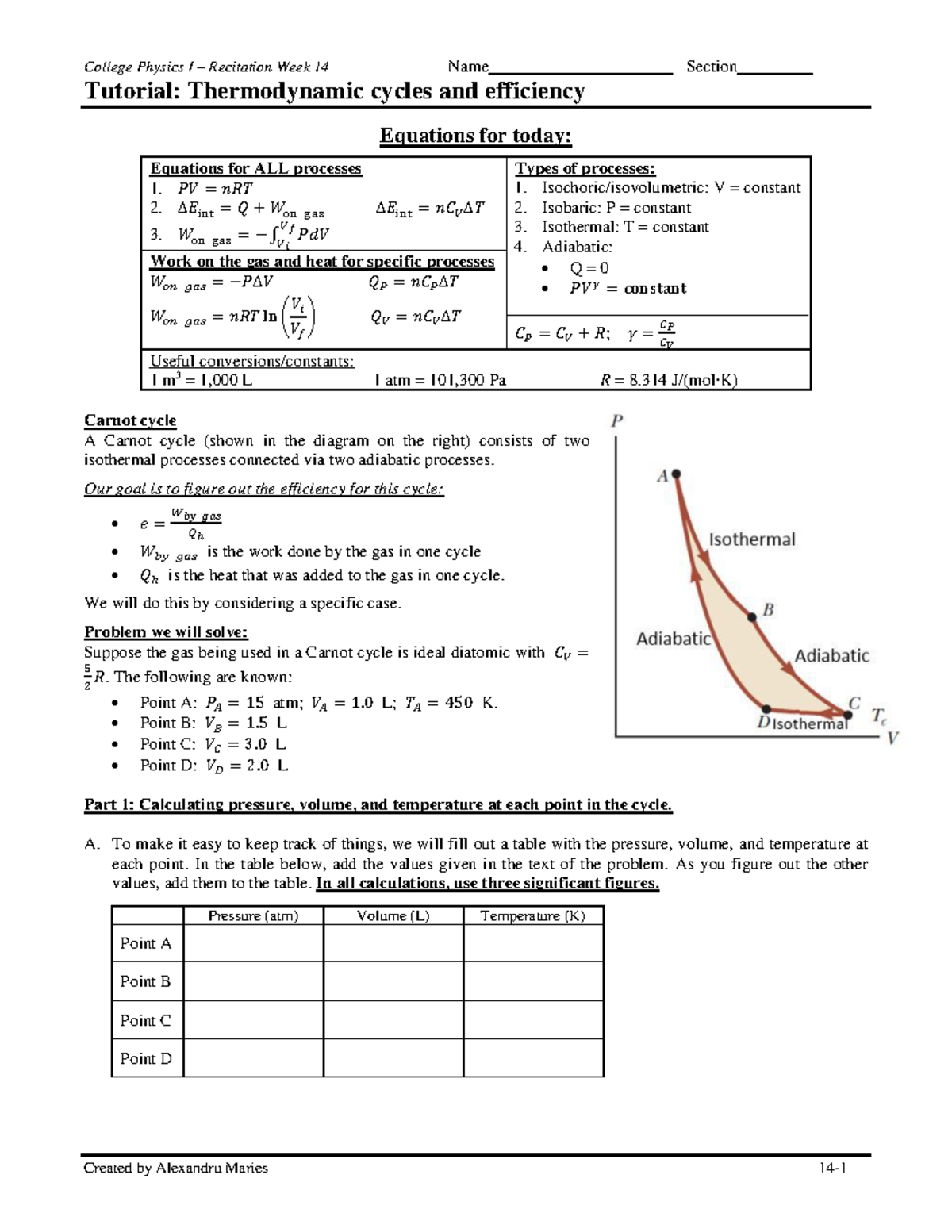 CP1 Recitation tutorial - Week 14 - Thermodynamic cycles - College ...