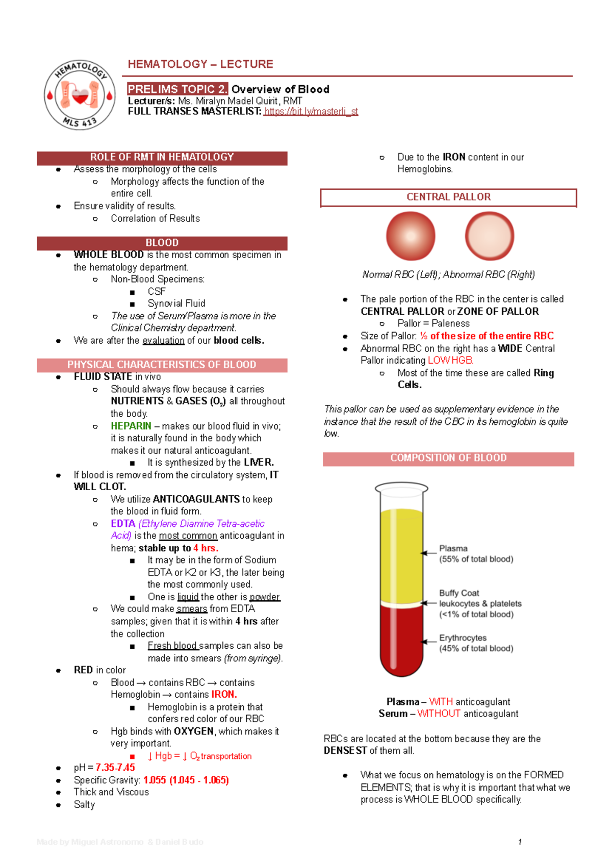 -HEMA-LEC- FULL - Hema - HEMATOLOGY – LECTURE PRELIMS TOPIC 2. Overview ...