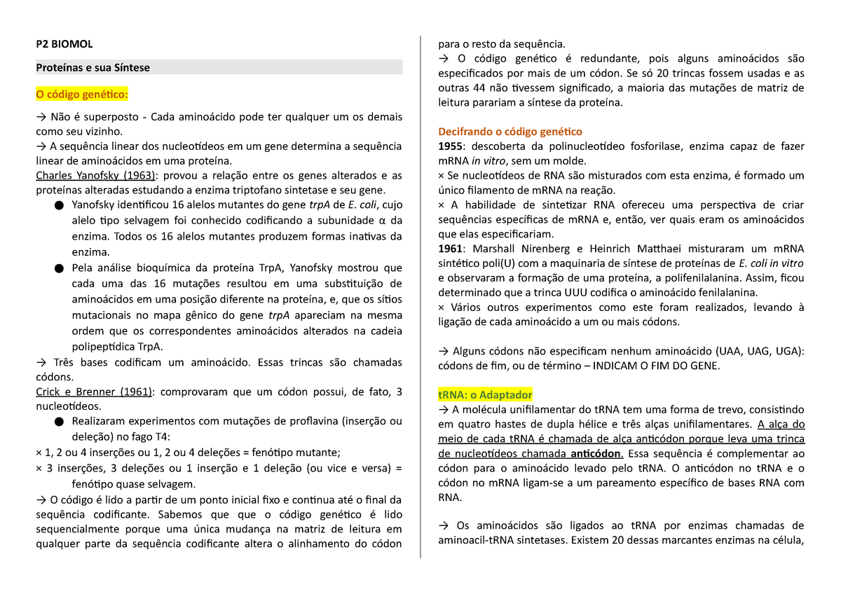 Resumo P2 Biologia Molecular P2 Biomol Proteínas E Sua Síntese O Código Genético → Não é