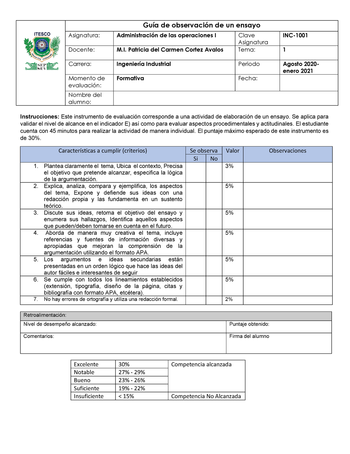 Guía De Observación Ensayo Guía De Observación De Un Ensayo Asignatura Administración De Las 3434