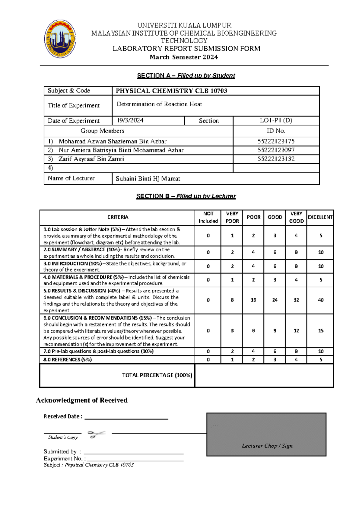 Experiment 1 LO1-P1 (D) - UNIVERSITI KUALA LUMPUR MALAYSIAN INSTITUTE ...