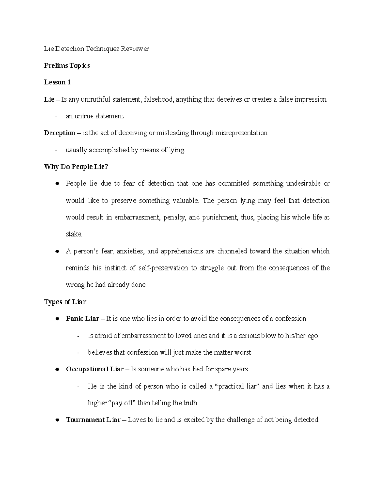 Lie Detection Techniques Reviewer Complete - Lie Detection Techniques ...