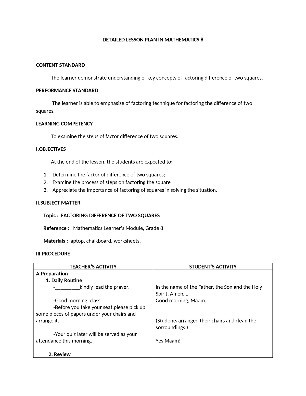 Detailed Lesson PLAN IN Mathematics 8(b) - DETAILED LESSON PLAN IN ...