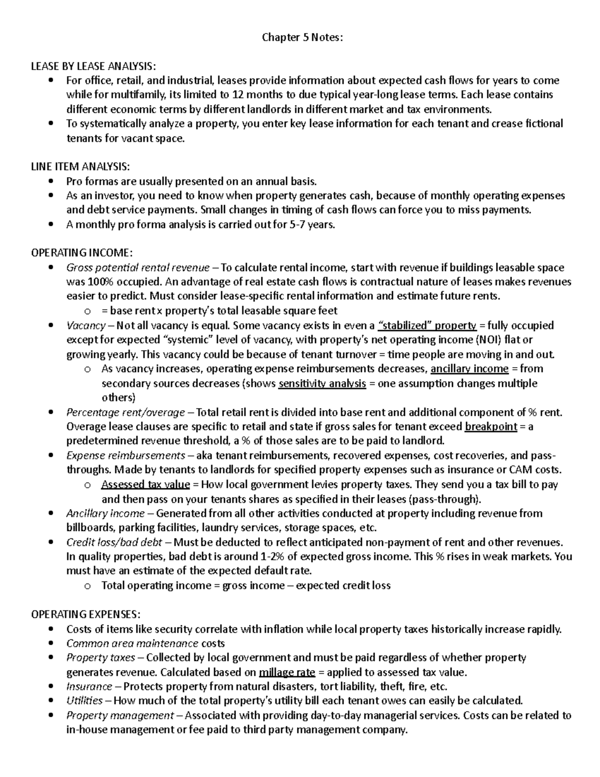 Chapter 5 - Finance Notes - Chapter 5 Notes: LEASE BY LEASE ANALYSIS ...