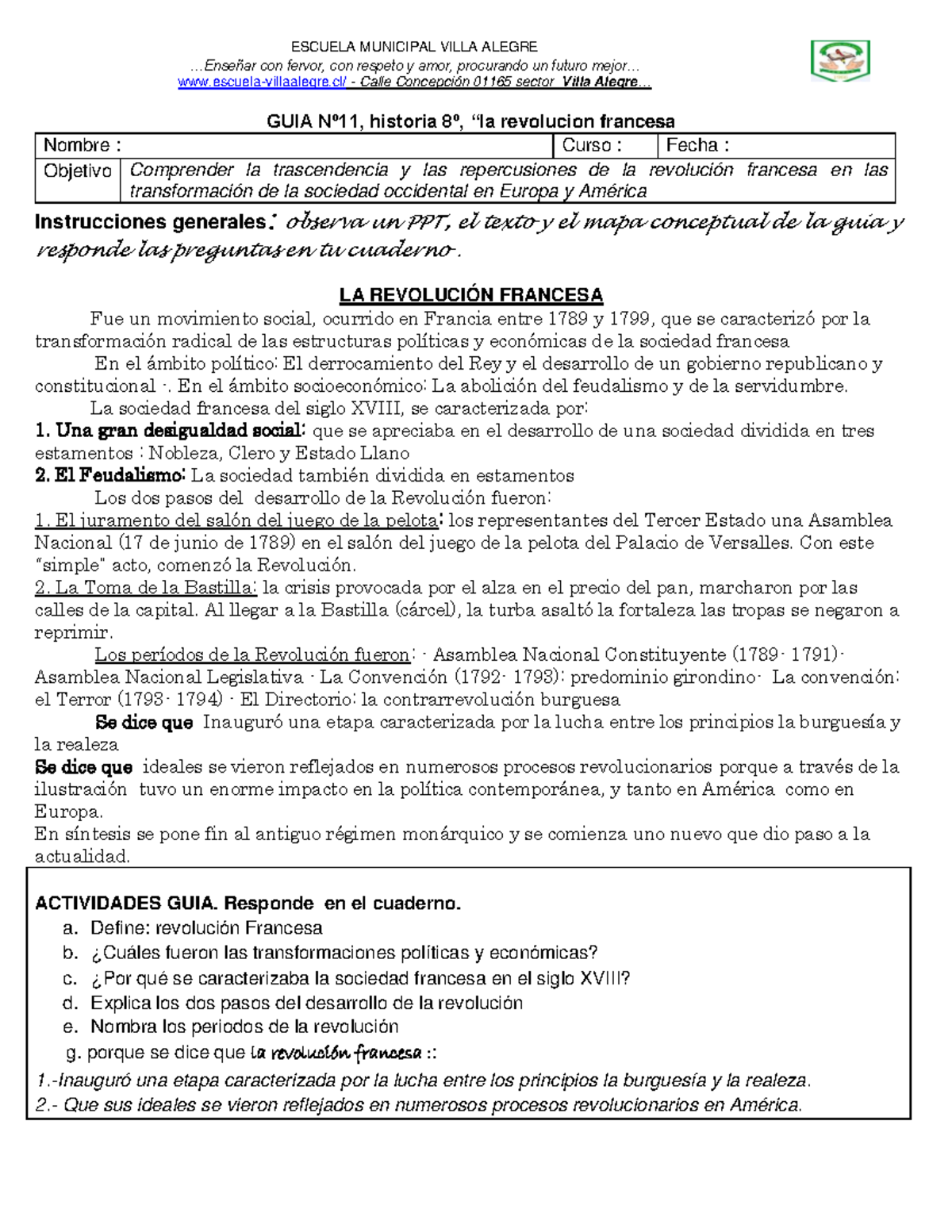 GUIA Nº11 historia 8º “la revolucion francesa copia ESCUELA MUNICIPAL