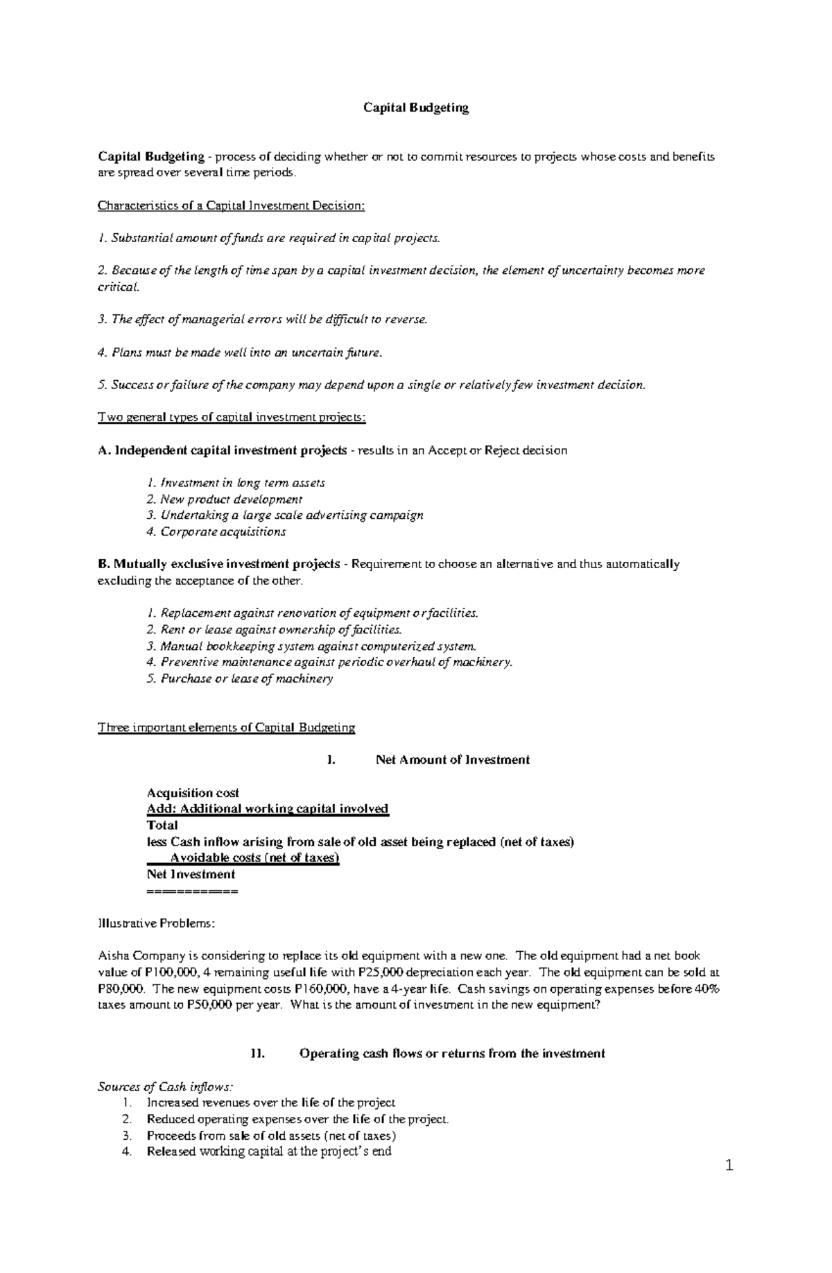 152 Capital Budgeting Lecture Notes Capital Budgeting Capital
