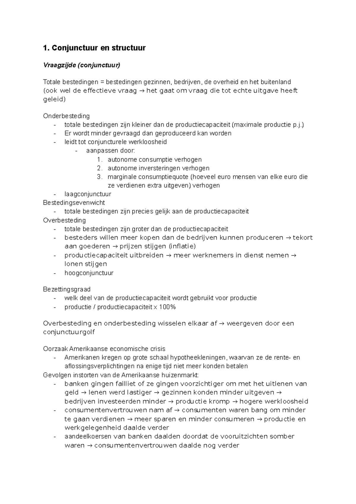 Economische Modellen Samenvatting - 1. Conjunctuur En Structuur ...