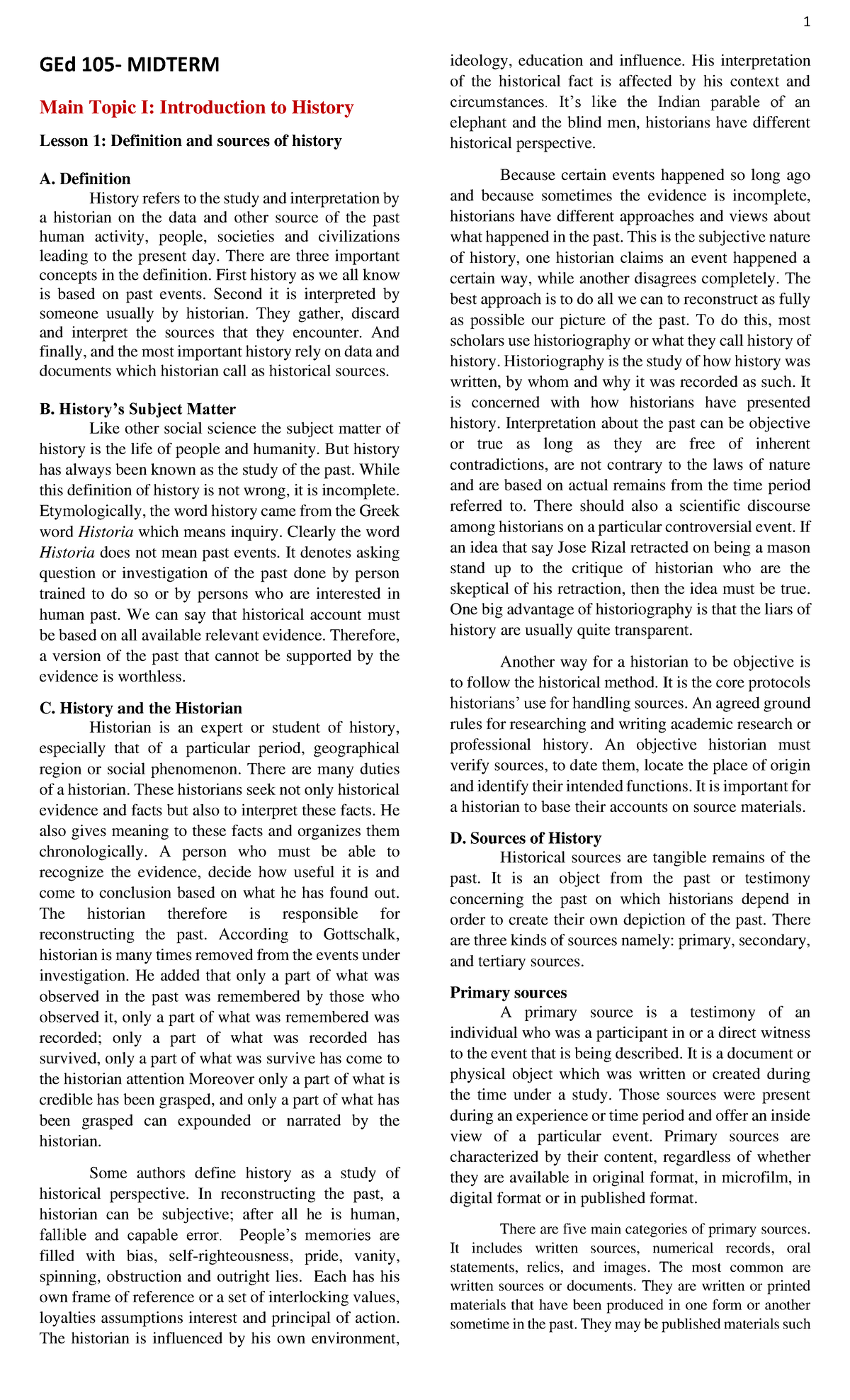 GEd105midterm Reviewer GEd 105 MIDTERM Main Topic I Introduction