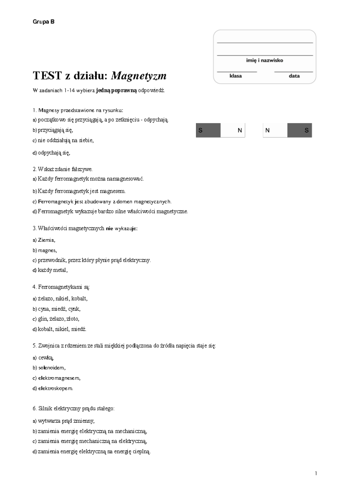 Test Z Działu Magnetyzm Odpowiedzi Pdf