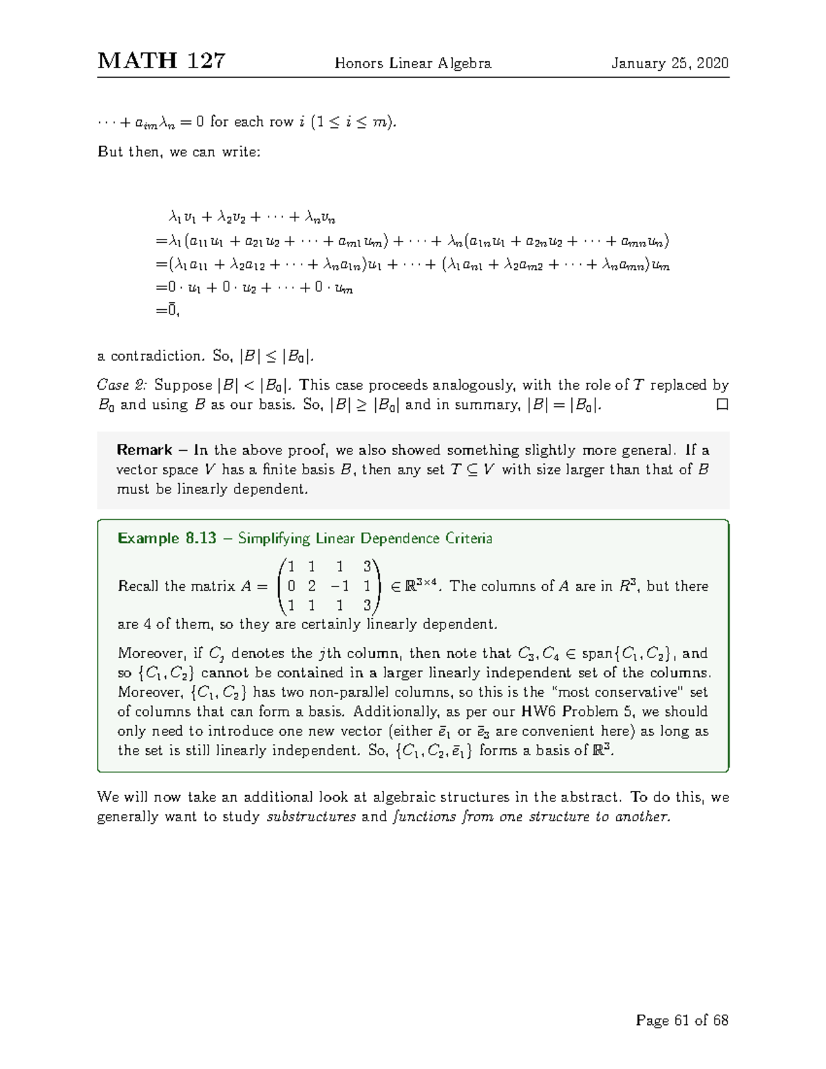 MATH 235-61 - Lecture notes 61 - MATH 127 Honors Linear Algebra January ...