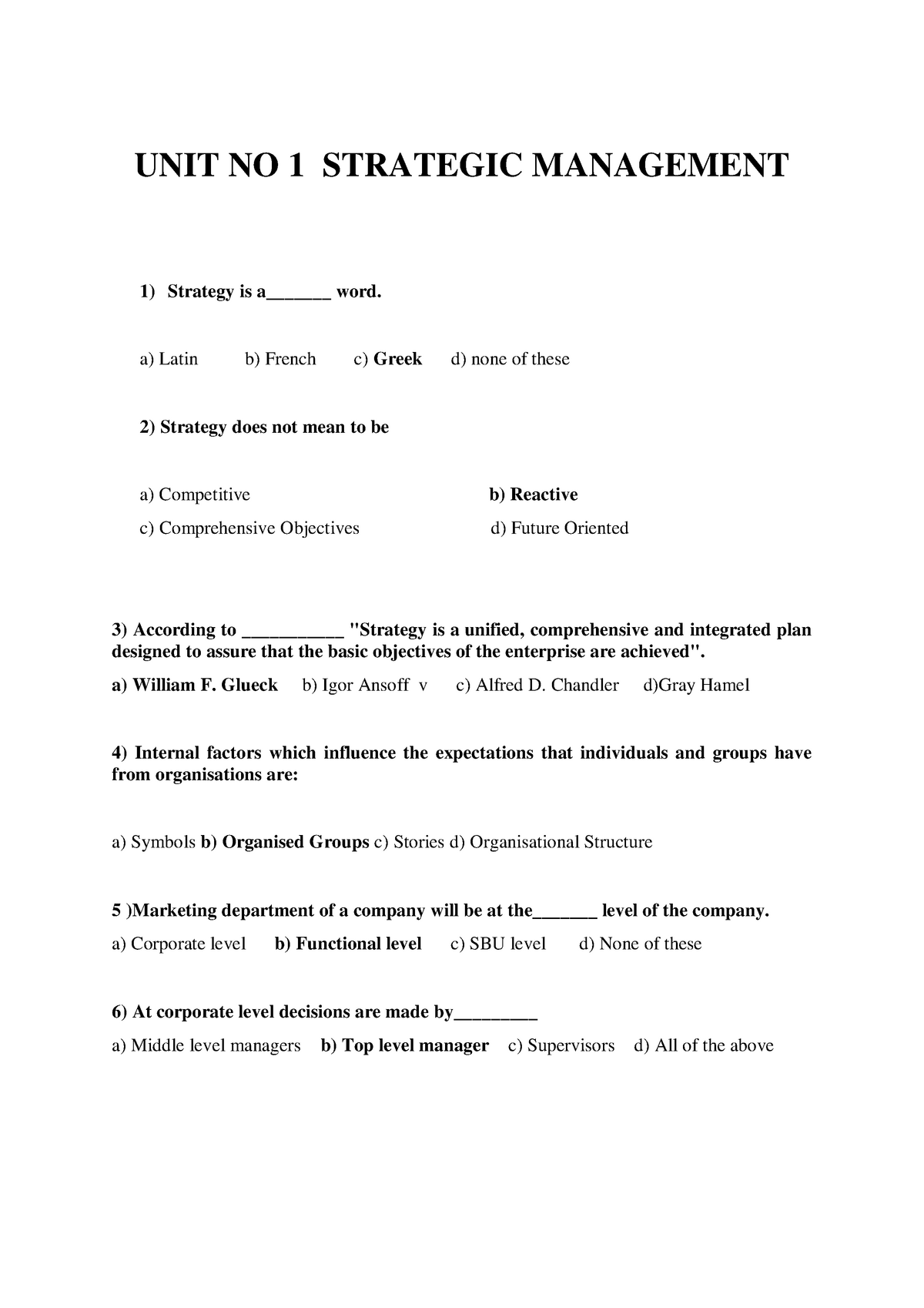 SM ALL - Lecture Notes 1 - UNIT NO 1 STRATEGIC MANAGEMENT 1) Strategy ...