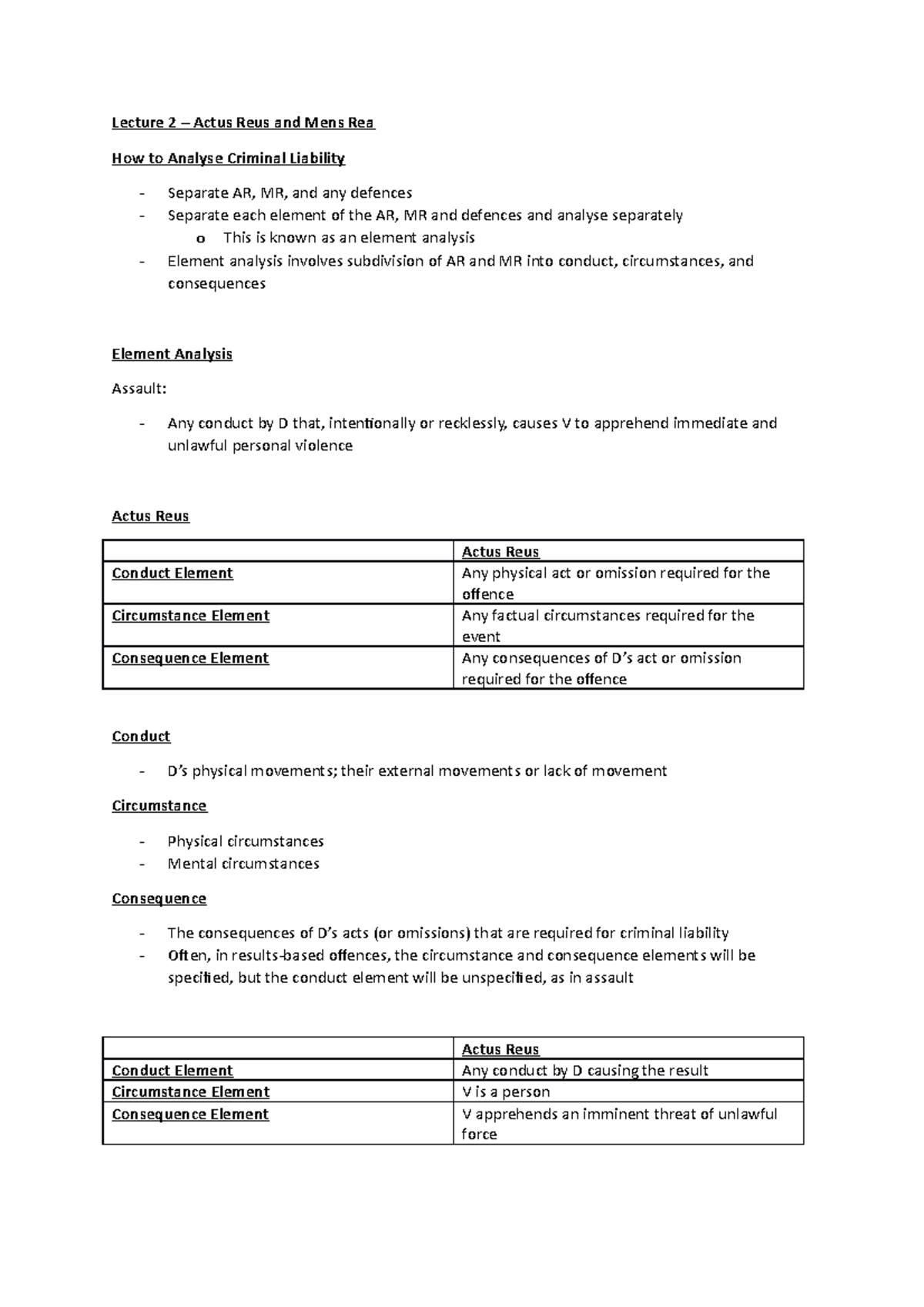 Lecture 2 Actus Reus And Mens Rea Lecture 2 Actus Reus And Mens