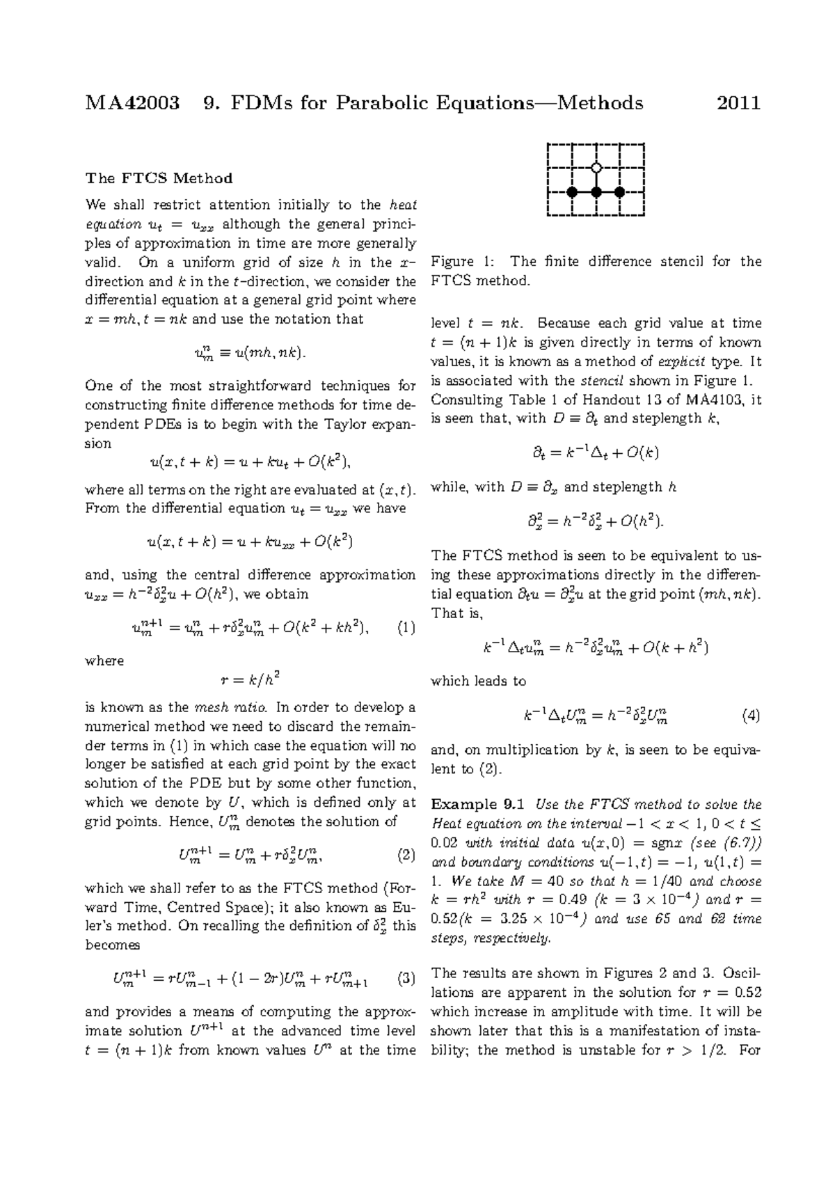 Chapter 9 - FDMs for Parabolic Equations - Methods - MA42003 9. FDMs ...