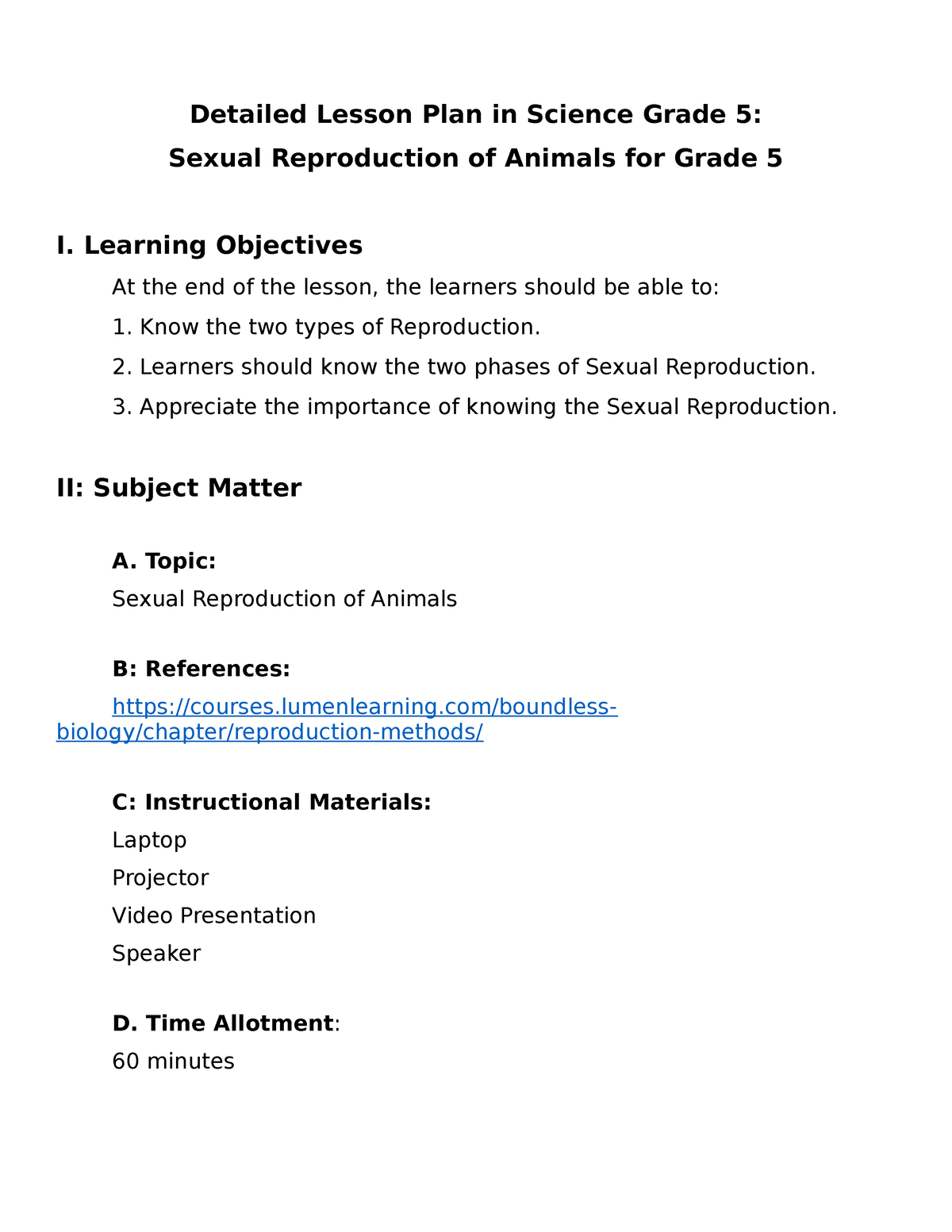 Tseg Detailed Lesson Plan Lumangaya J Detailed Lesson Plan In Science Grade 5 Sexual 9702