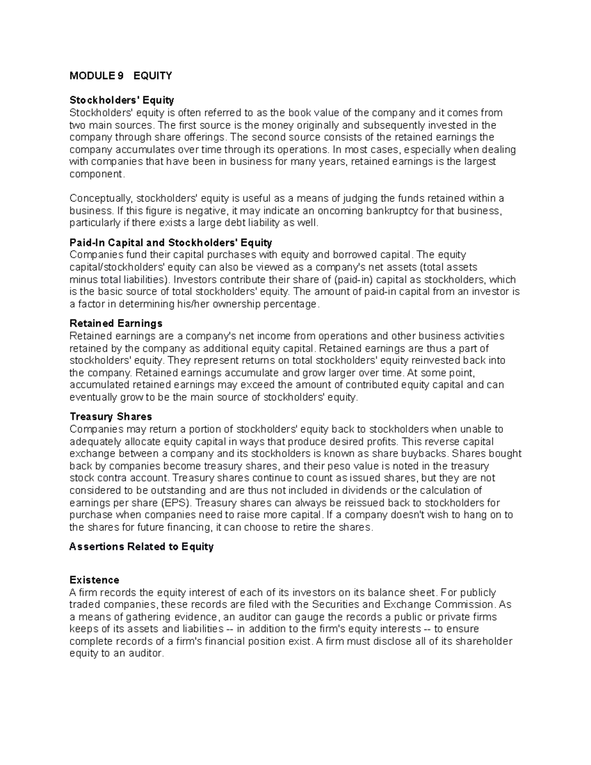 Module-9- Equity SHARES - MODULE 9 EQUITY Stockholders' Equity ...