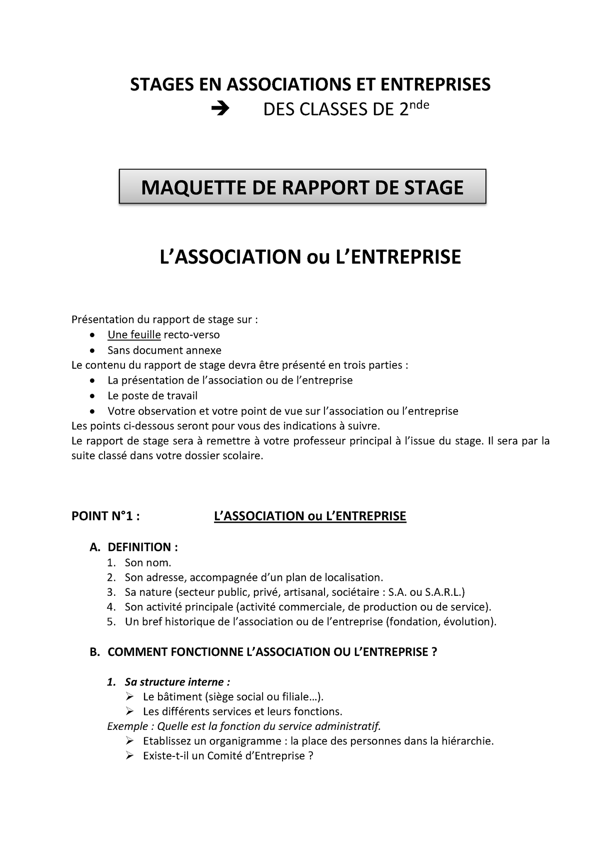 Maquette rapport de stage de 2nde STAGES EN ASSOCIATIONS ET