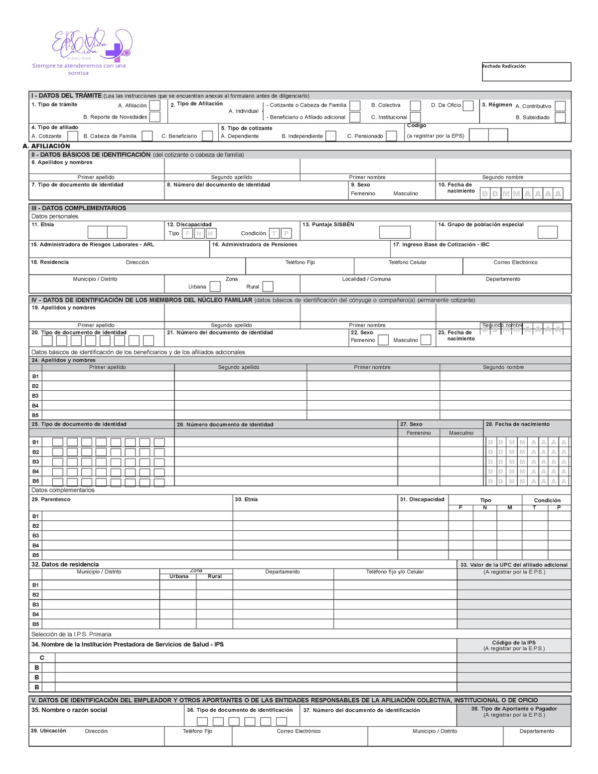 Formulario Unico De Afiliacion EPSSanitas - I - DATOS DEL TRÁMITE (Lea ...
