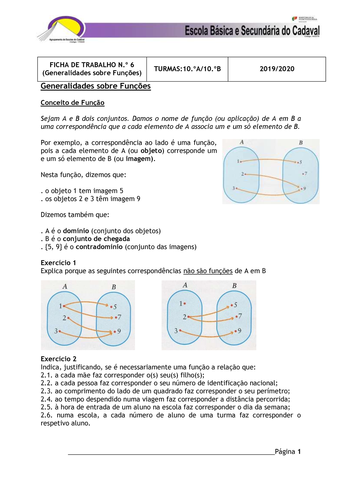 Generalidades Sobre Funções Ficha De Trabalho N º 6 Generalidades