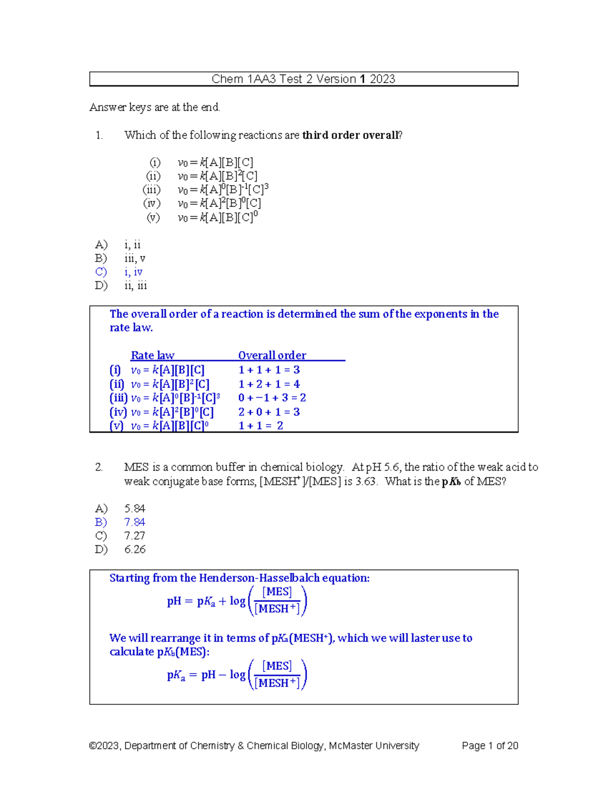 Test 2 Solutions updated - Chem 1AA3 Test 2 Version 1 2023 Answer keys ...