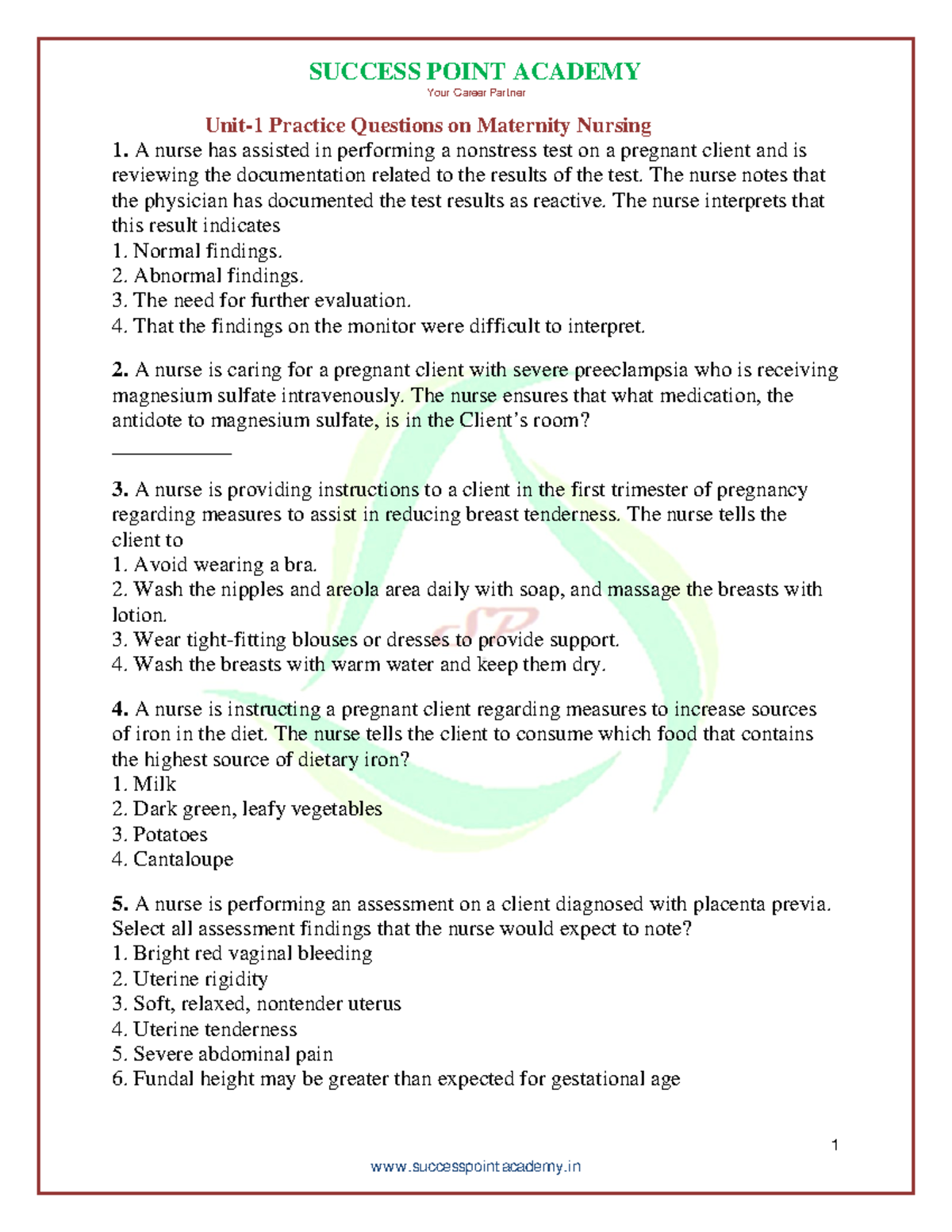 Maternity nsgquestions Your Career Partner 1 Unit1 Practice