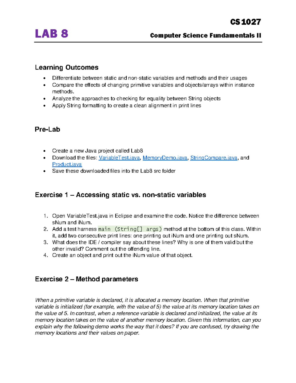 Lab8 - Lab 8 - CS LAB 8 Computer Science Fundamentals II Learning ...