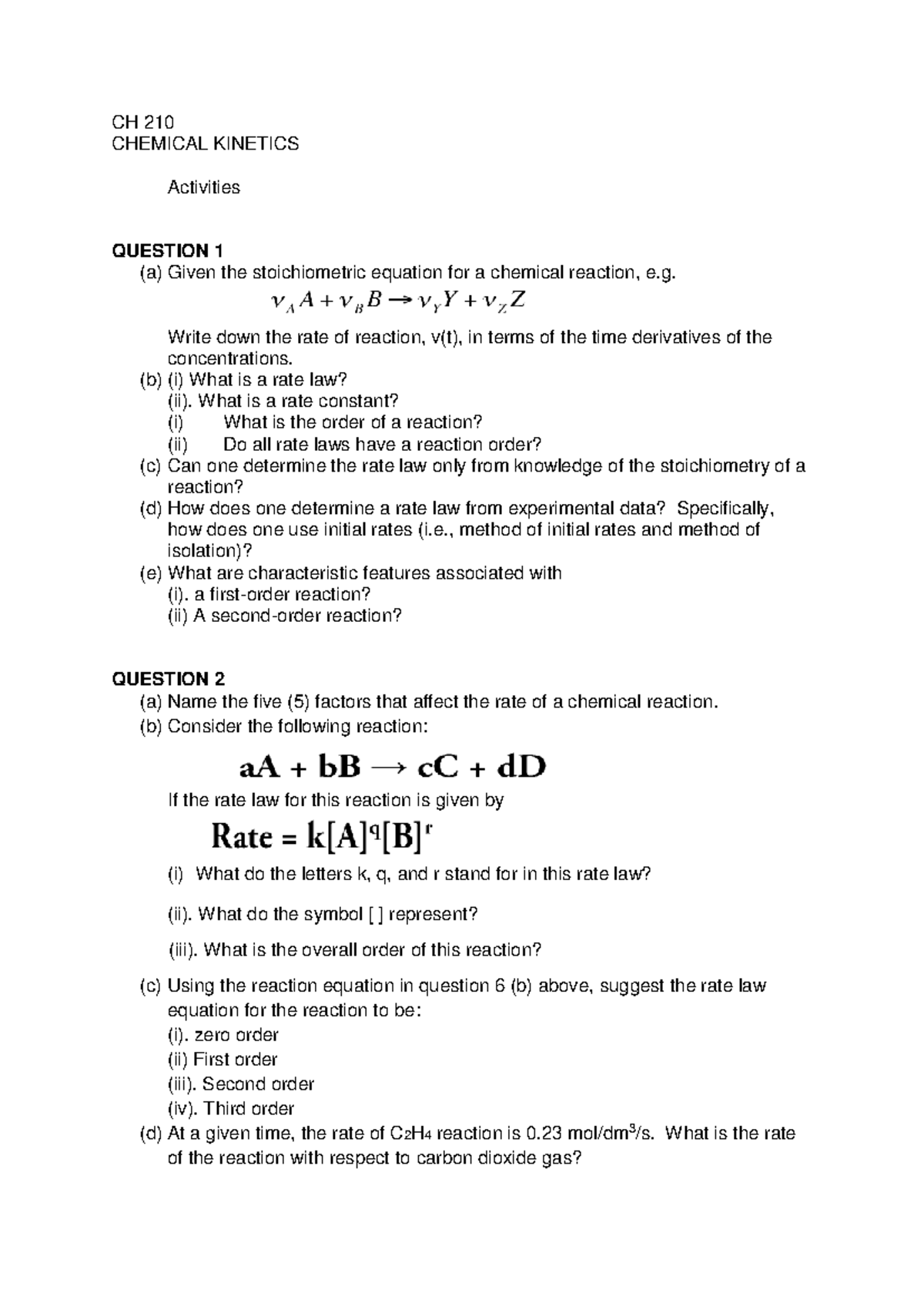 CH 210 Chemical Kinetics Exercises - CH 210 CHEMICAL KINETICS ...