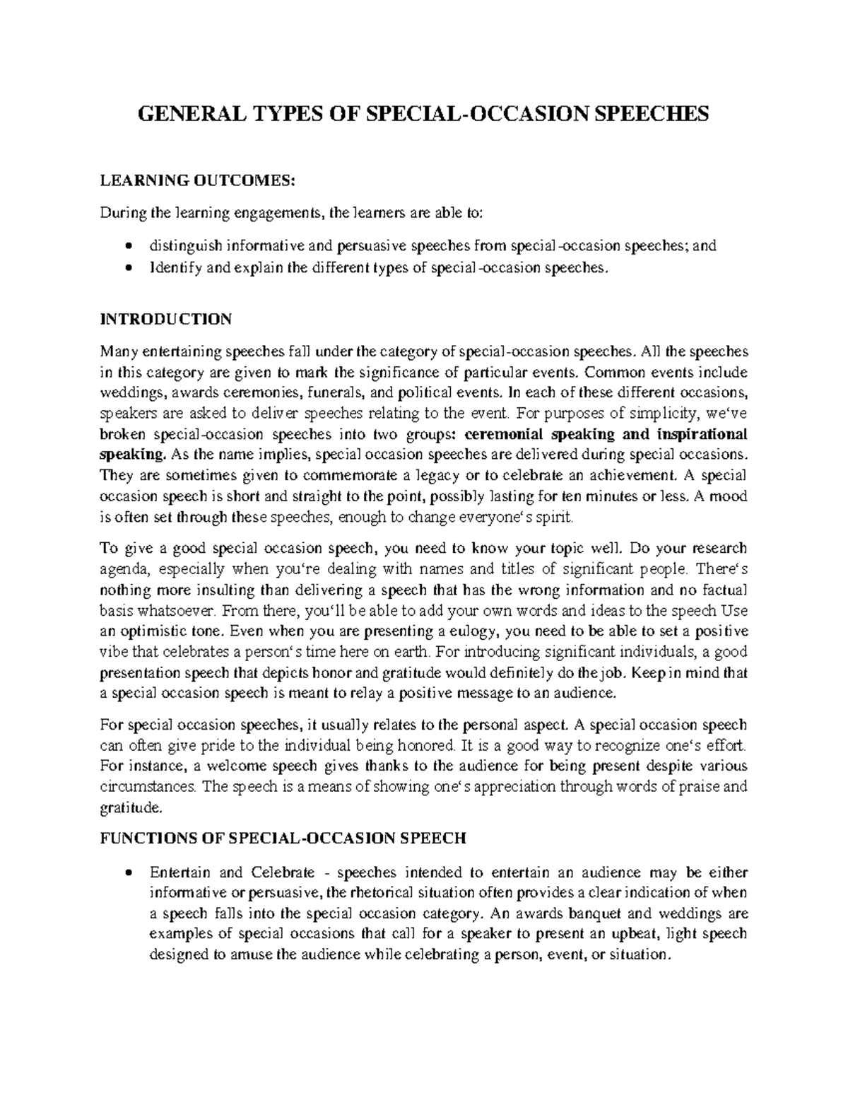 General Types OF Special GENERAL TYPES OF SPECIAL OCCASION SPEECHES