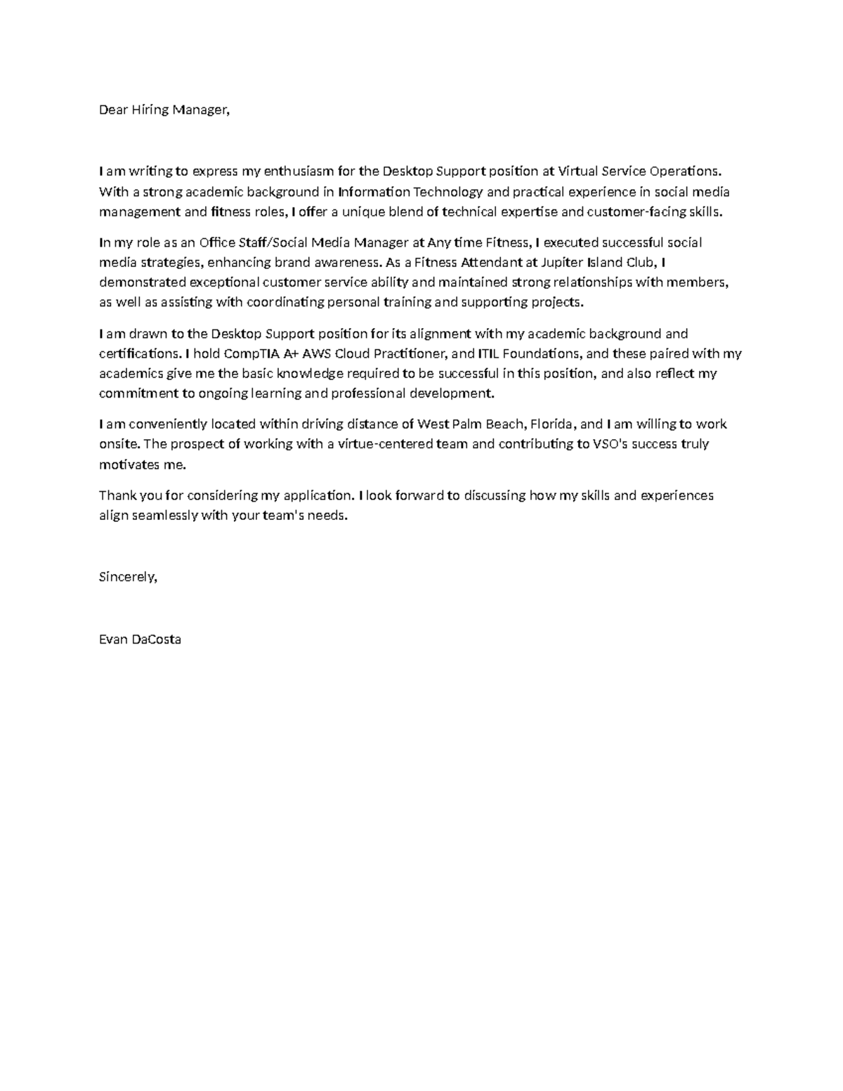 VSO Cover Letter Evan Da Costa - Dear Hiring Manager, I am writing to ...