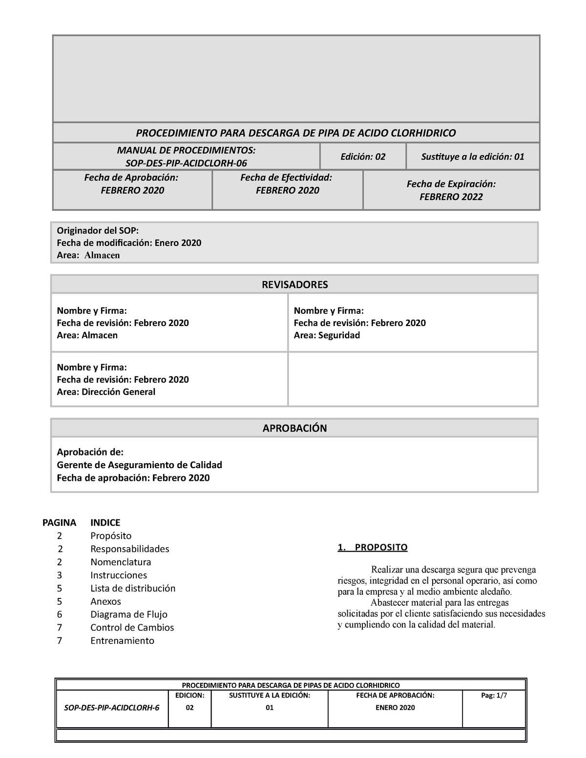 SOP descarga pipa de Acido Clorhidrico - PROCEDIMIENTO PARA DESCARGA DE ...