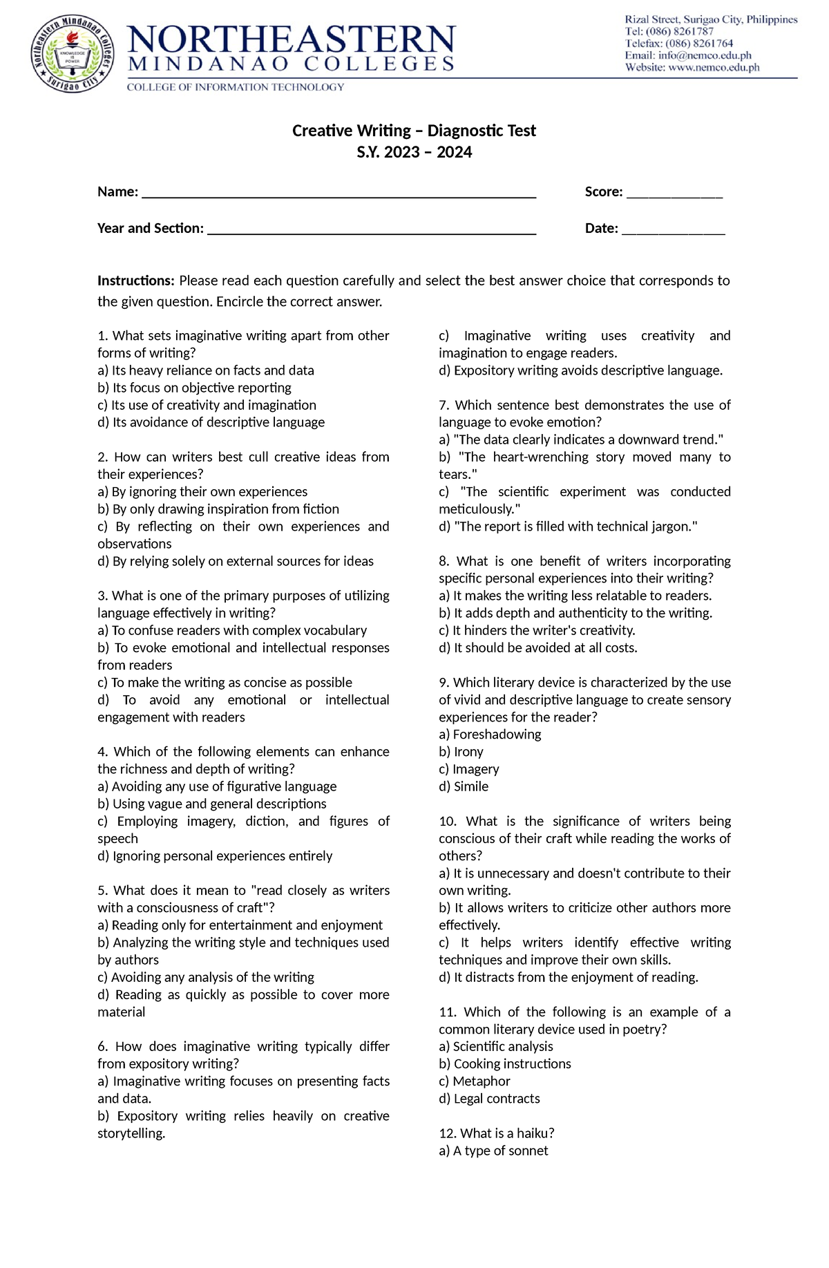 diagnostic test for creative writing