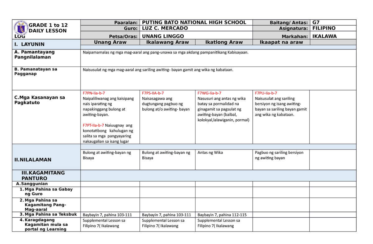 WEEK 1 - DAILY LESSON LOG - GRADE 1 To 12 DAILY LESSON LOG Paaralan ...