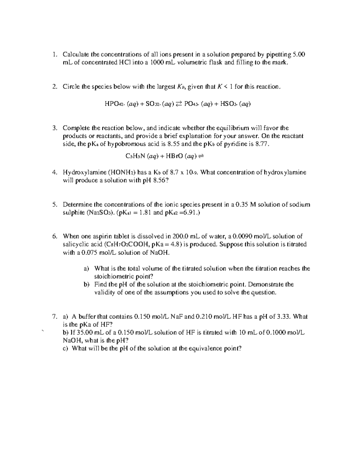 CHM1311 Practice Exam Questions - Calculate the concentrations of all ...