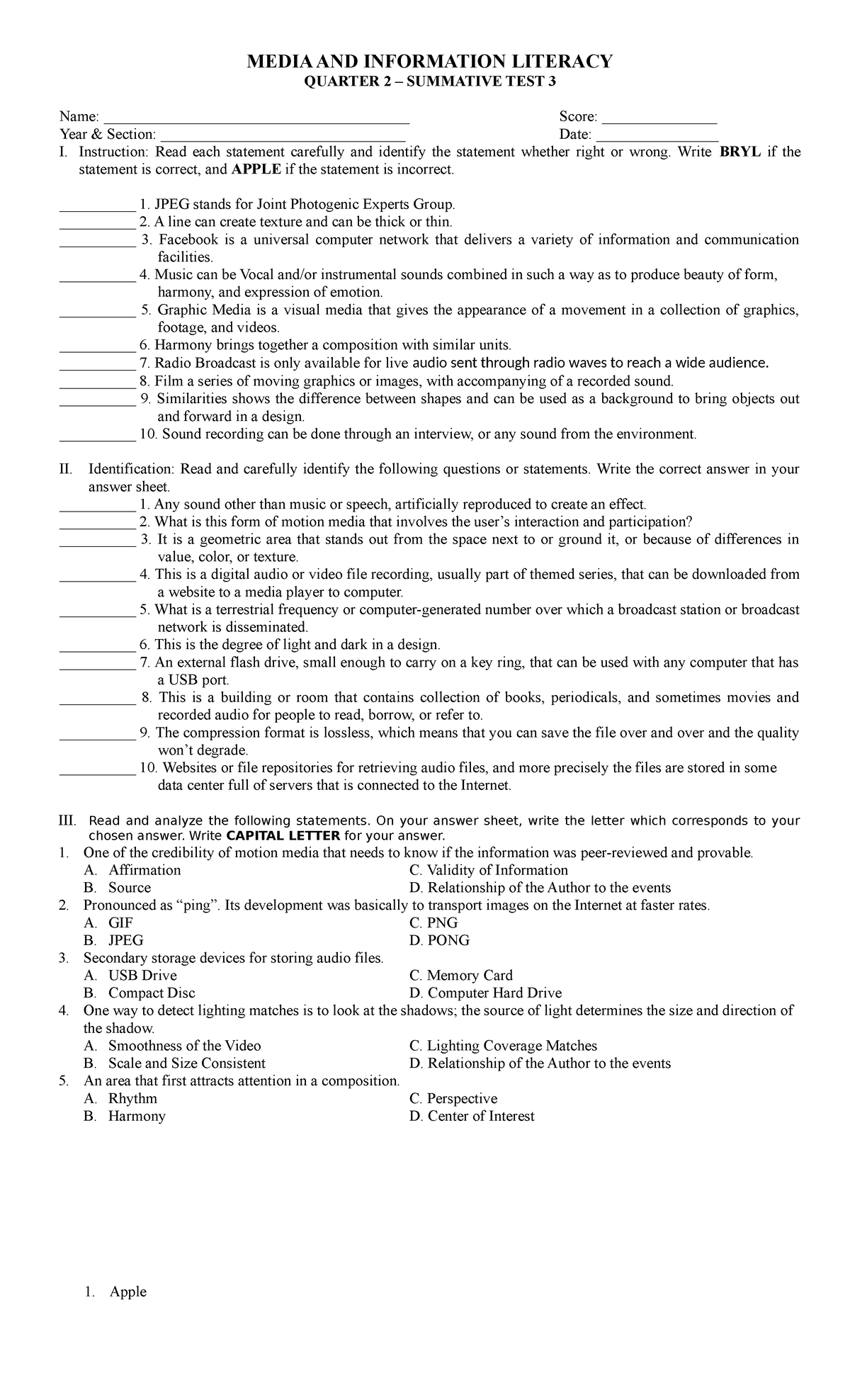 Summative TEST Number 3 Quarter 2 - MEDIA AND INFORMATION LITERACY ...