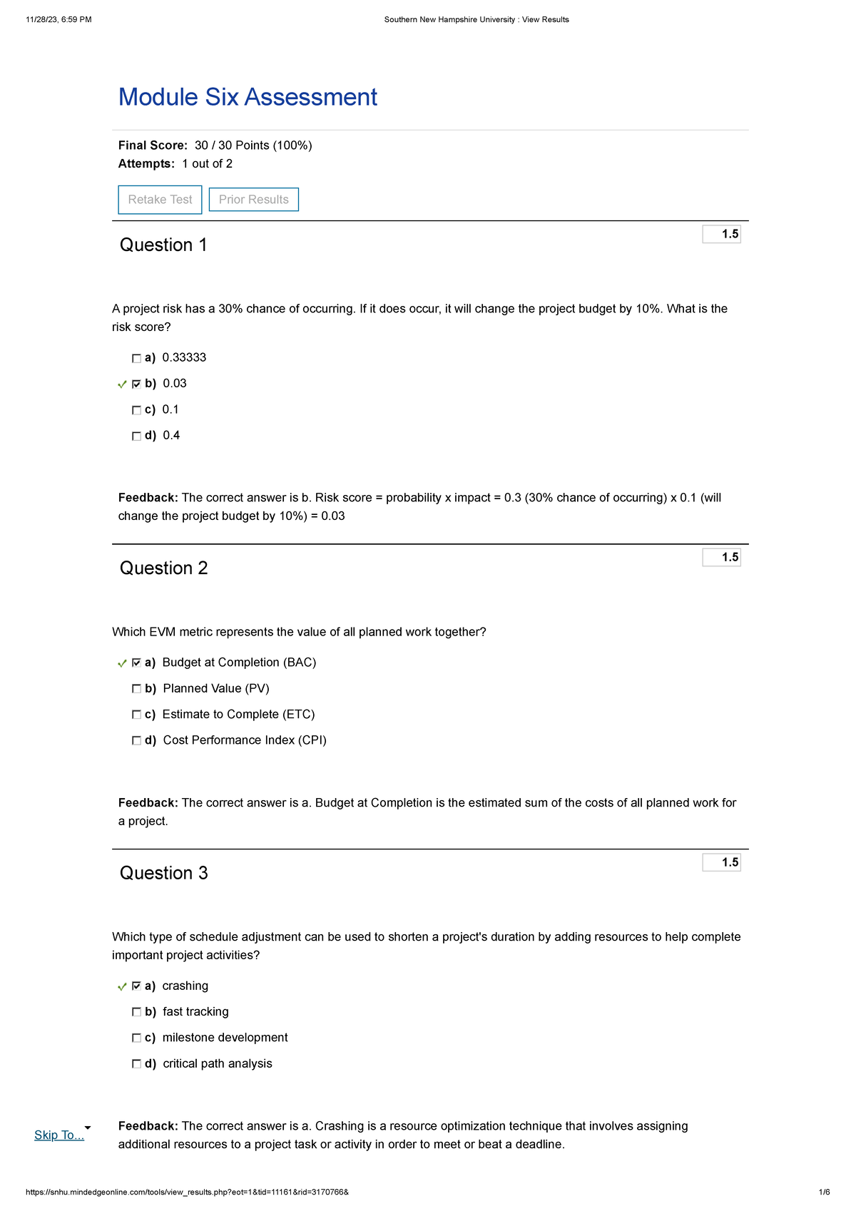 Moduel Six Assessment - 1. 1. 1. Module Six Assessment Final Score: 30 ...