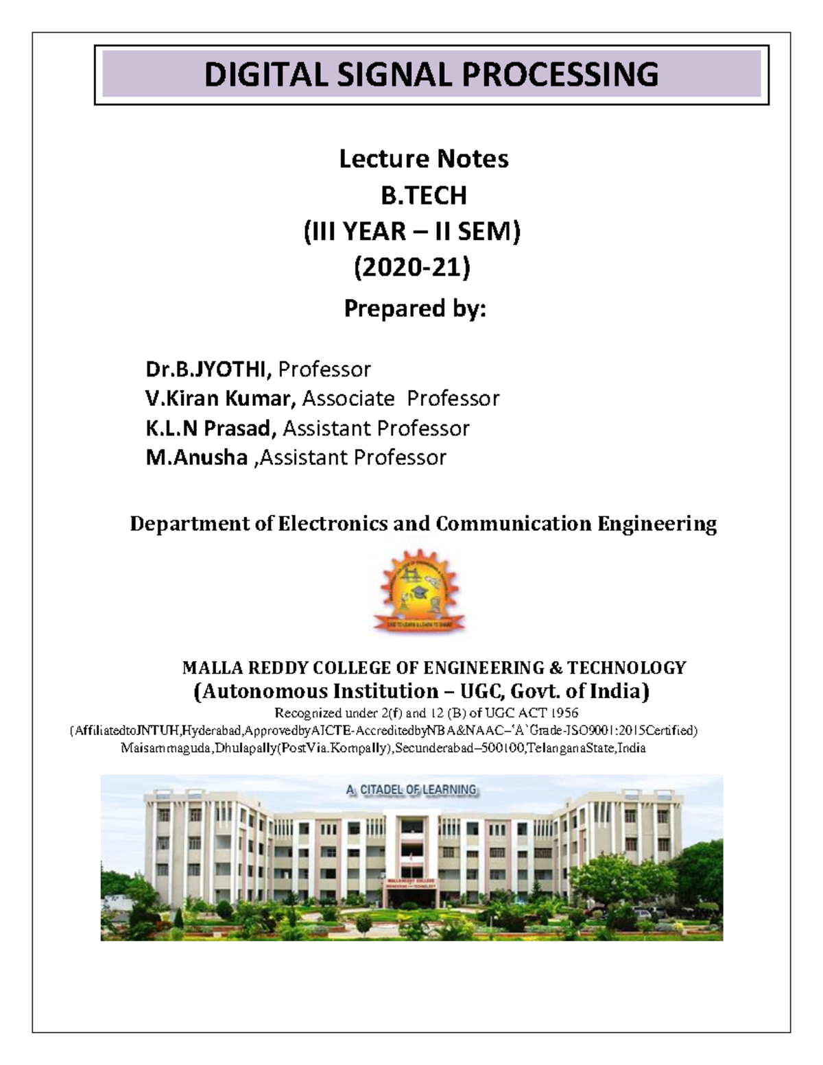 Digital Signal Processing Lecture Notes B (III YEAR II SEM) (2020