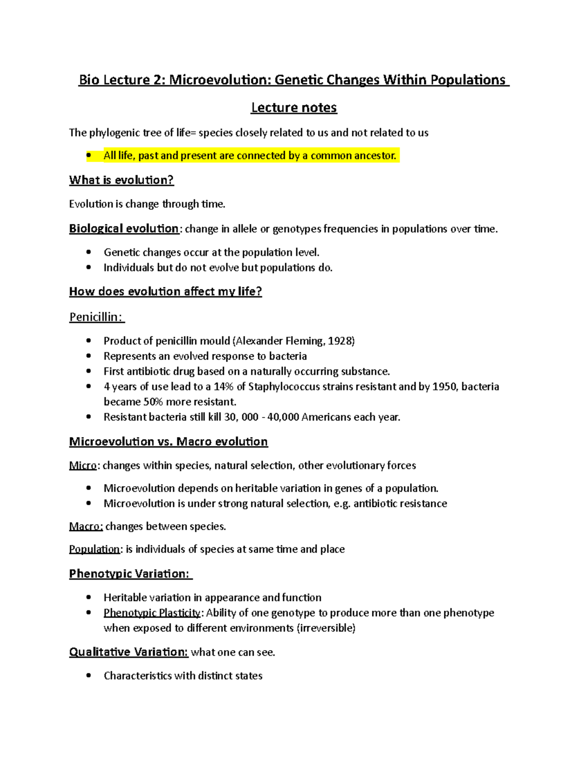 Bio Lecture 2 Notes - Dr. Scott Macvlor - Bio Lecture 2: Microevolution ...