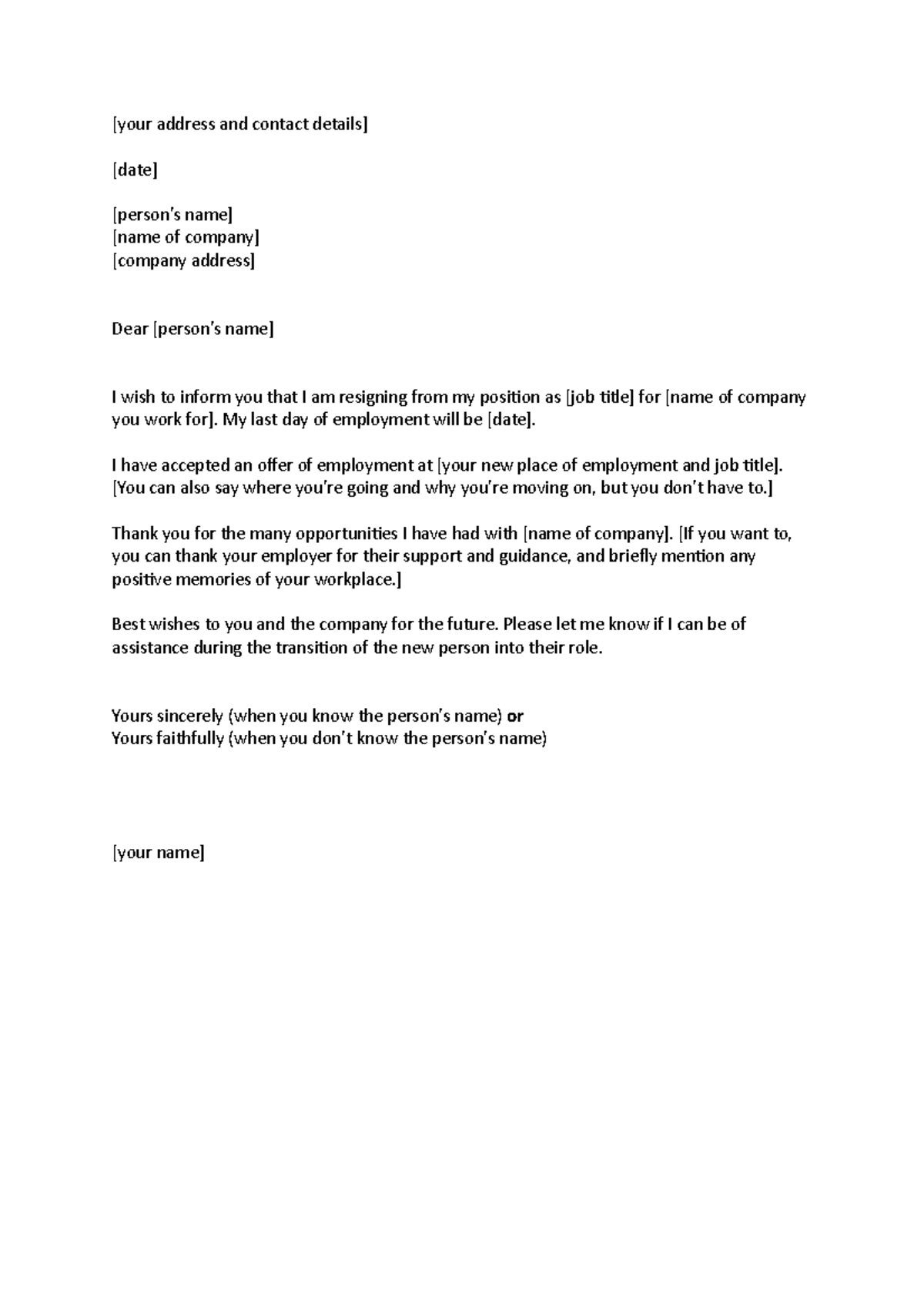 Resignation letter template example - [your address and contact details ...