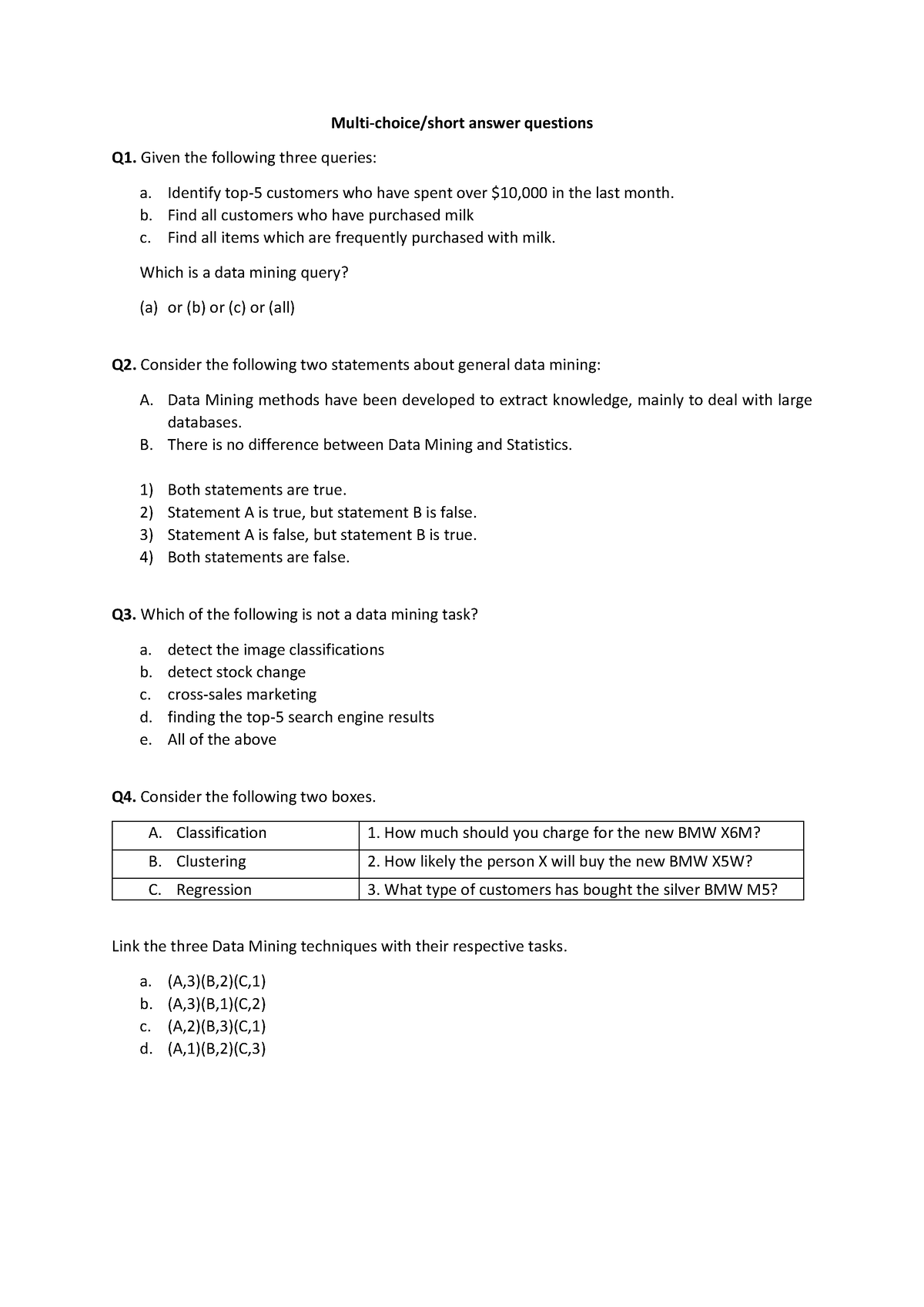 CAB330 Practice questions - Multi-choice/short answer questions Q1 ...