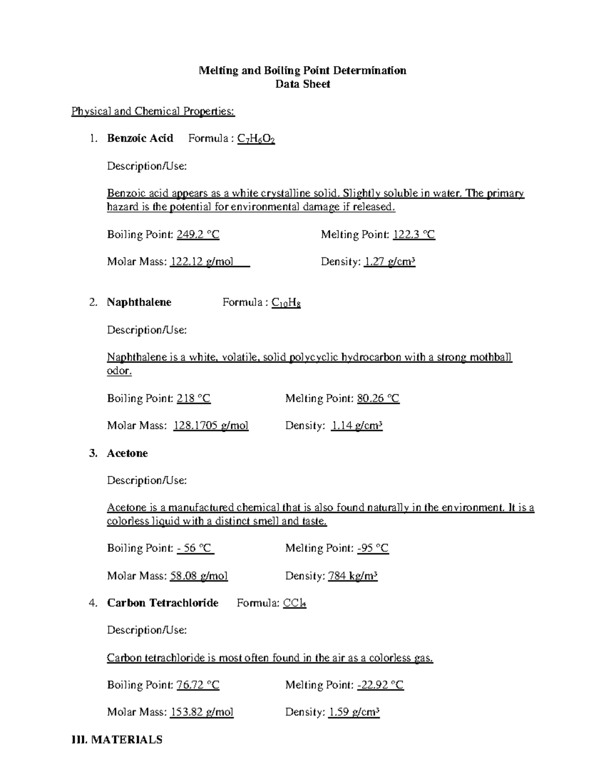 Melting and Boiling Point Determination DATA Sheet - Melting and ...