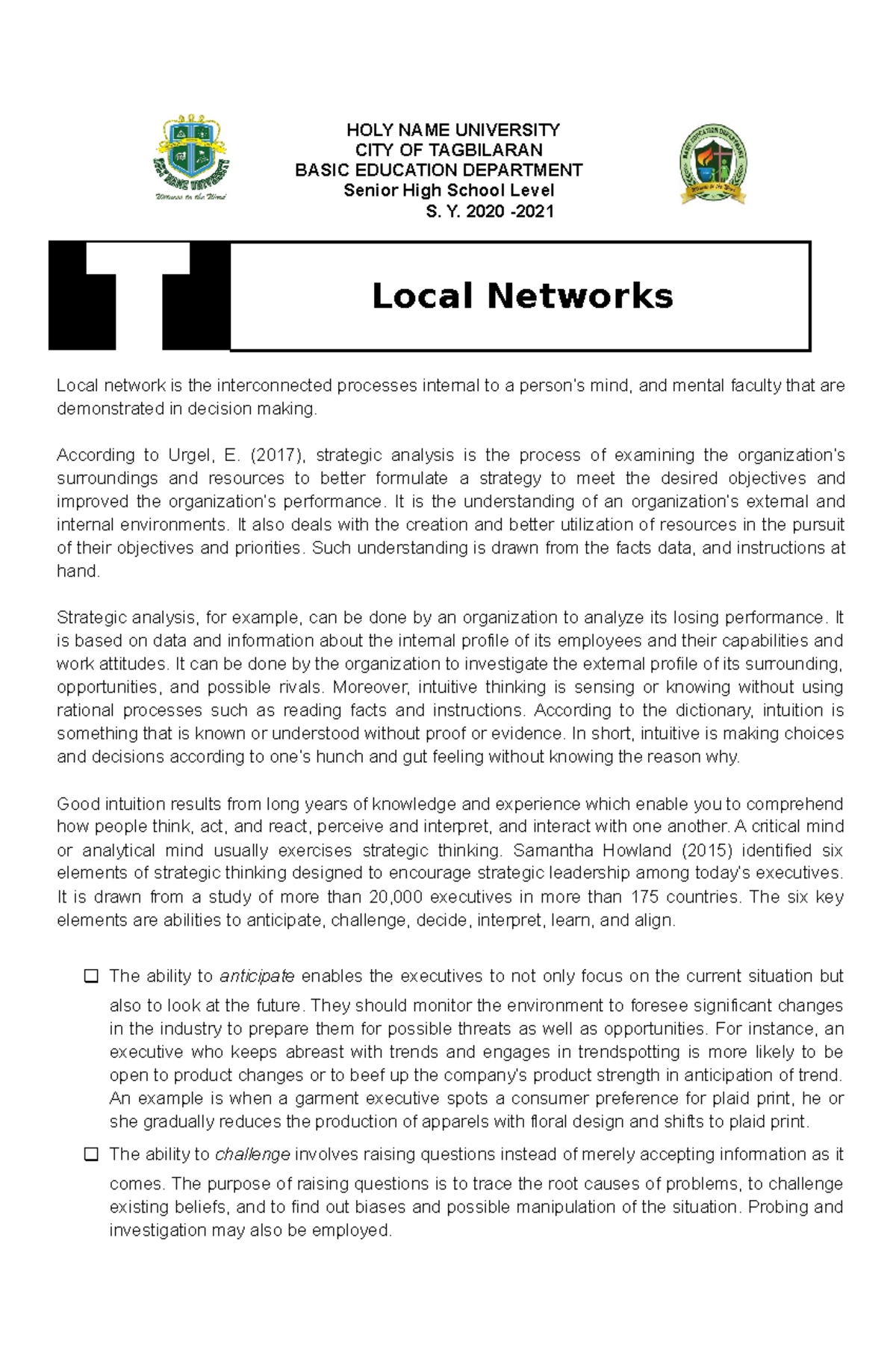 Local Networks Concept Notes HOLY NAME UNIVERSITY CITY OF