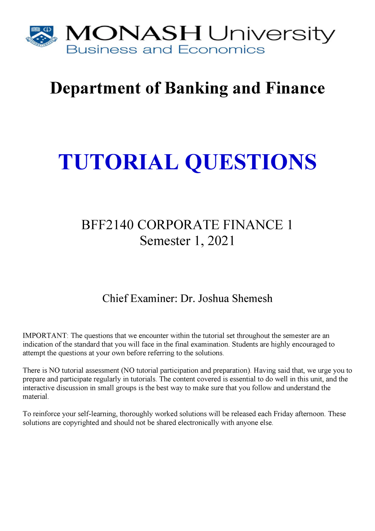 S1 2021 BFF2140 Tutorial SETS - Department Of Banking And Finance ...