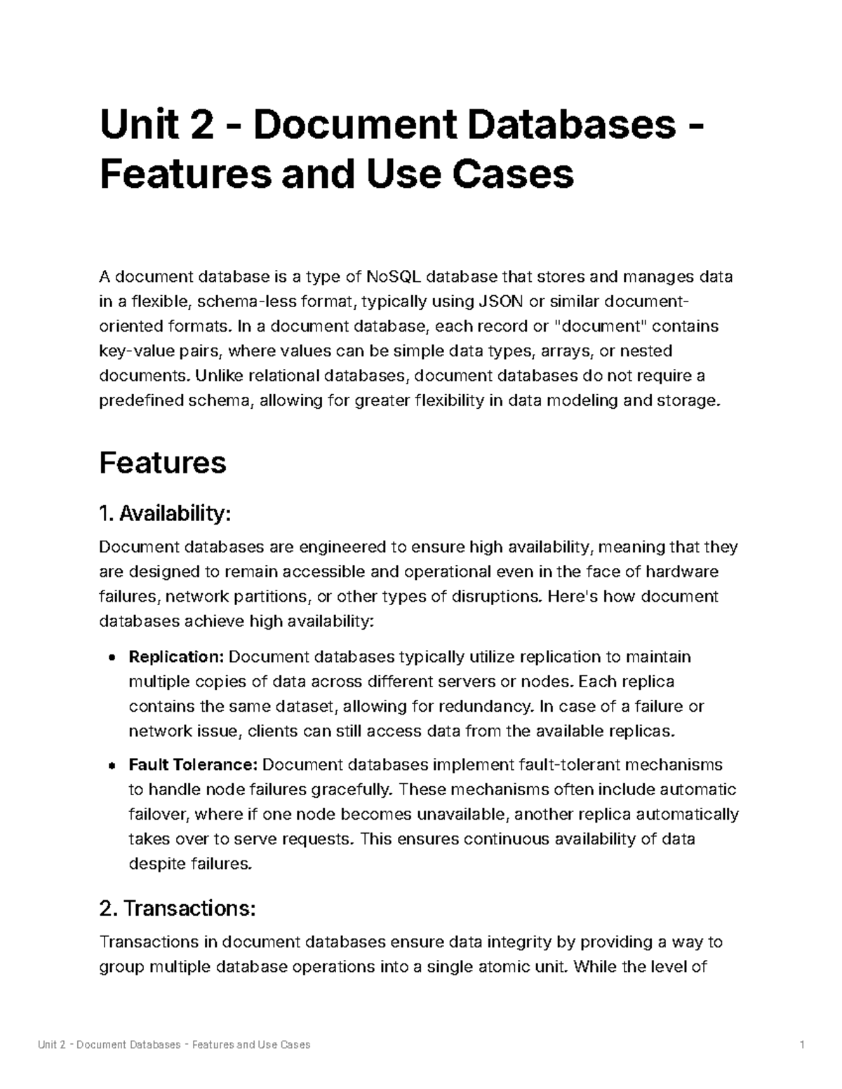 Unit 2 - Document Databases - Features and Use Cases - In a document ...