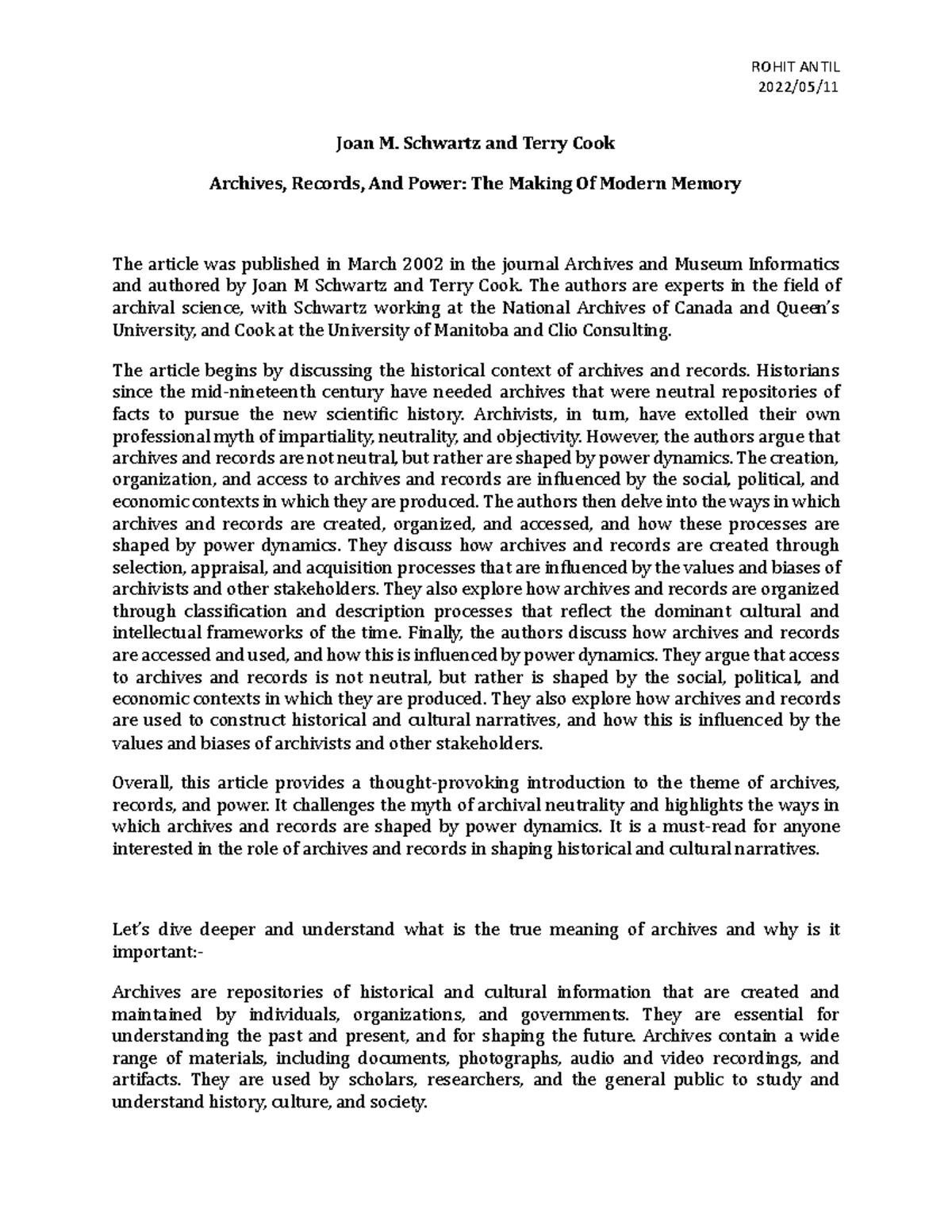 Archives 001 Summary Ba Honours History 2022/05/ Joan M. Schwartz