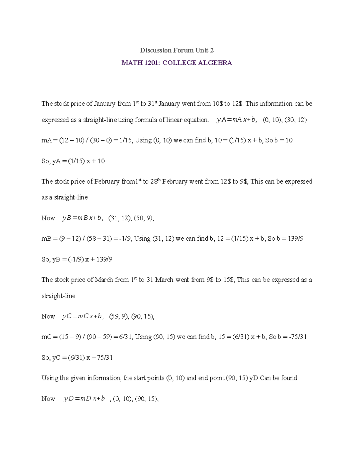 Discussion Forum Unit 2 (College Algebra) - Discussion Forum Unit 2