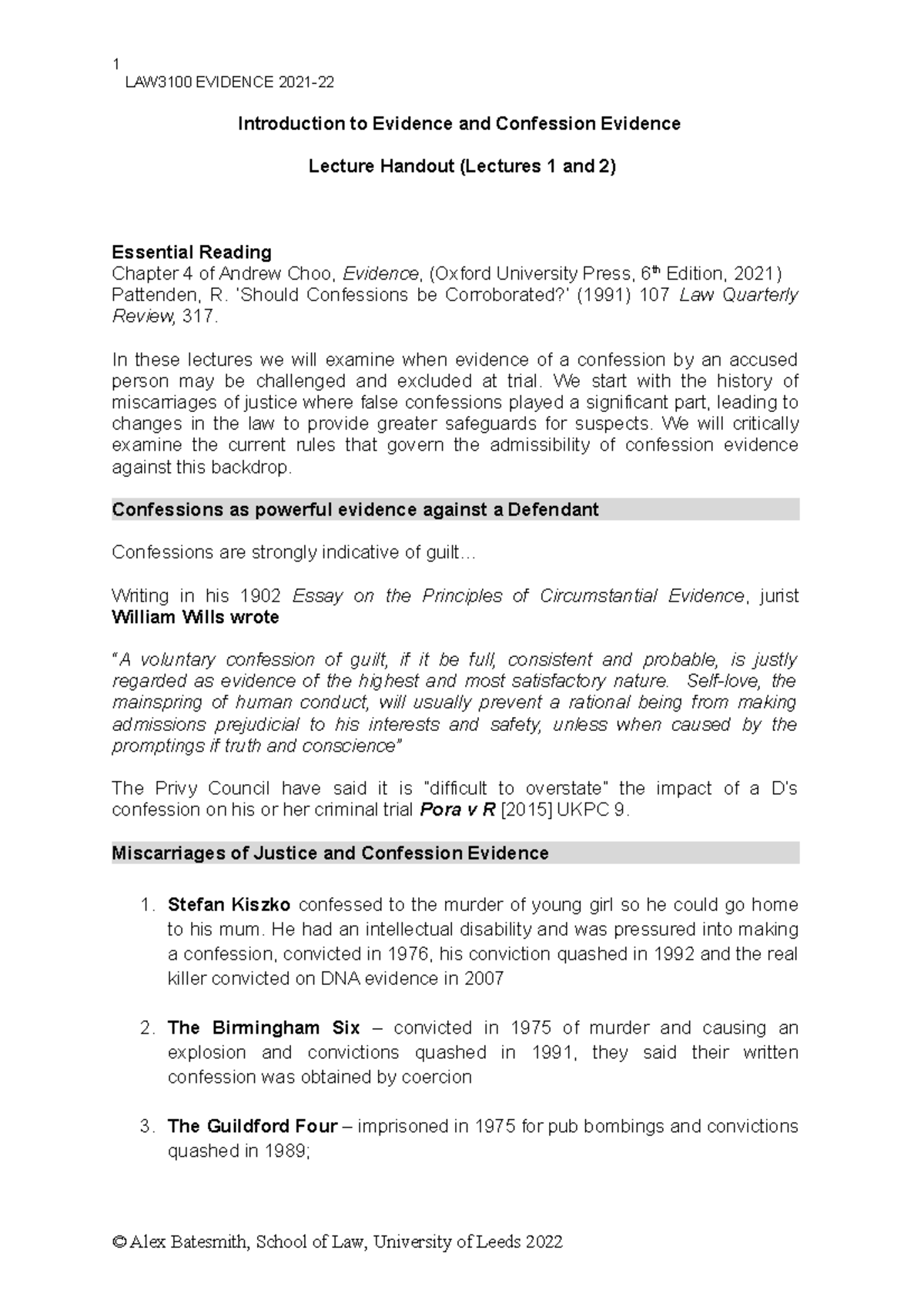 Lectures 1+2 Handout-Confessions- Final - LAW3100 EVIDENCE 2021 ...